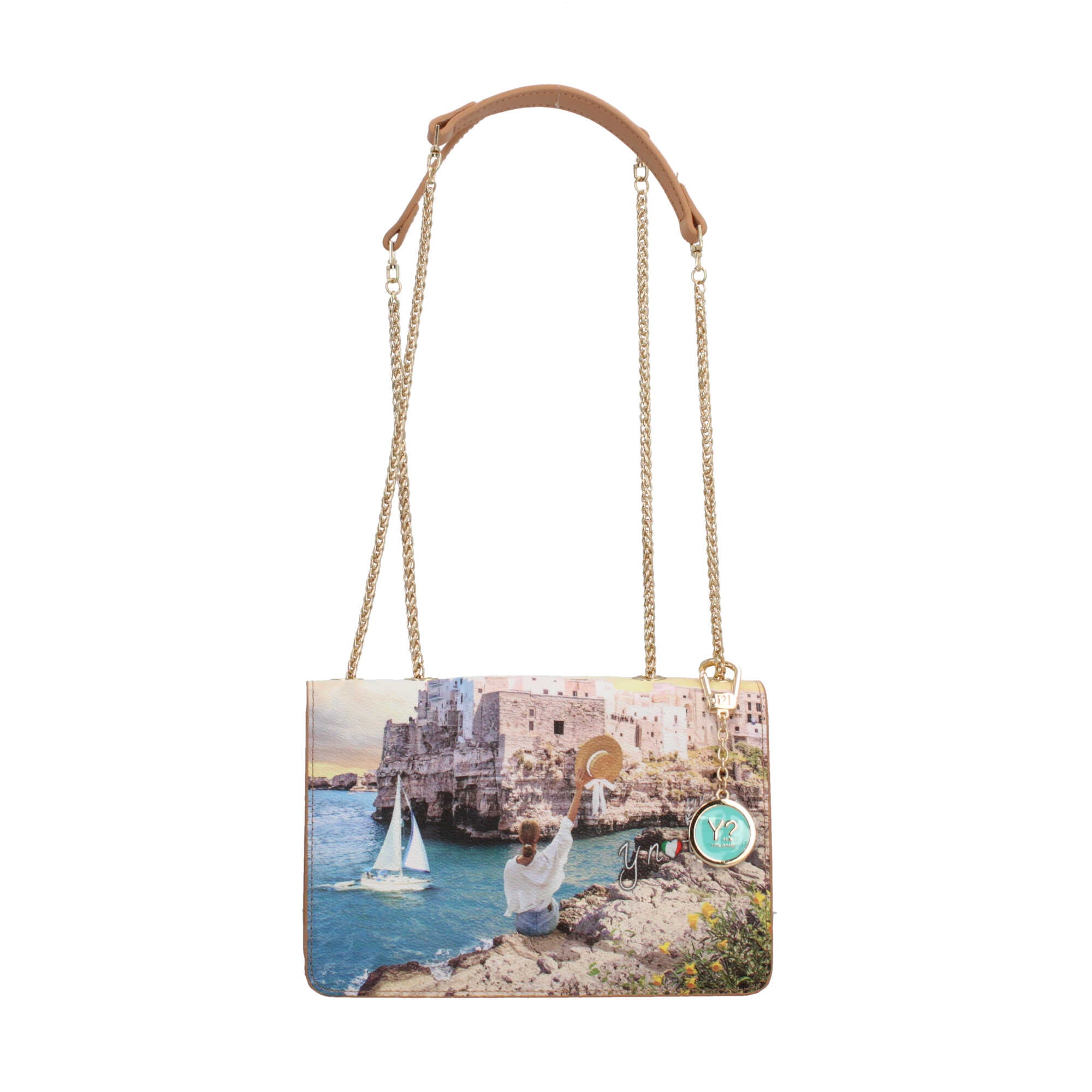 Borsa a spalla YNot con stampa artistica e catena dorata
