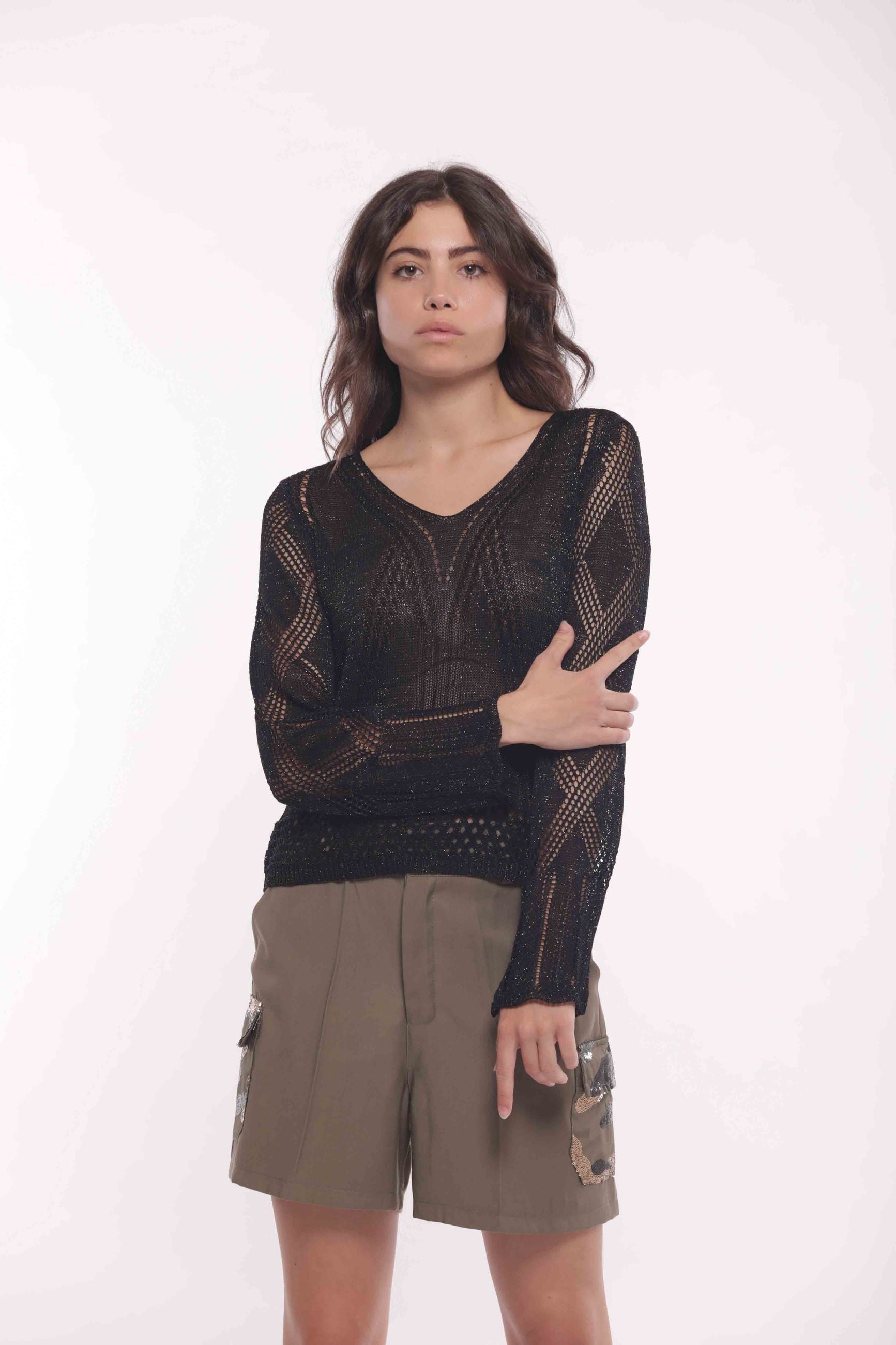 Mimi Mua Maglia Traforata con Scollo a V in Lurex Nero XL | Giò Fashion