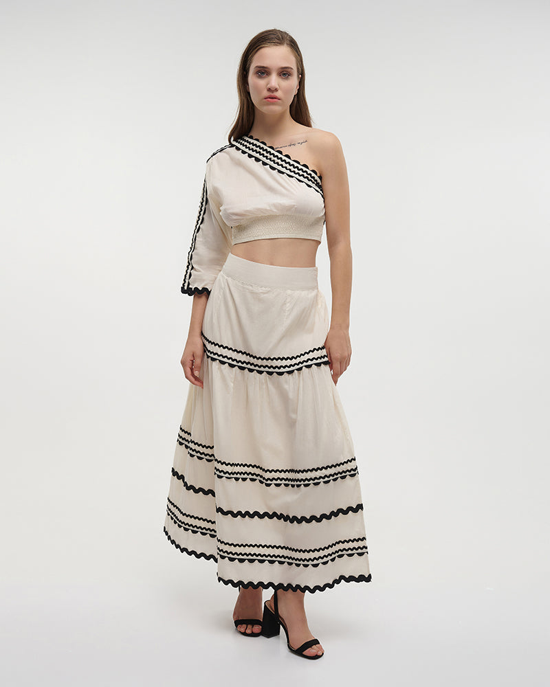 Ble Resort Collection Set Top Monospalla Crop e Gonna con Ricamo