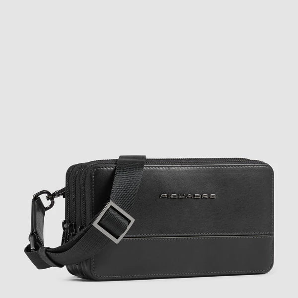 Pochette Piquadro in pelle con doppia zip con polsiera e tracolla removibile