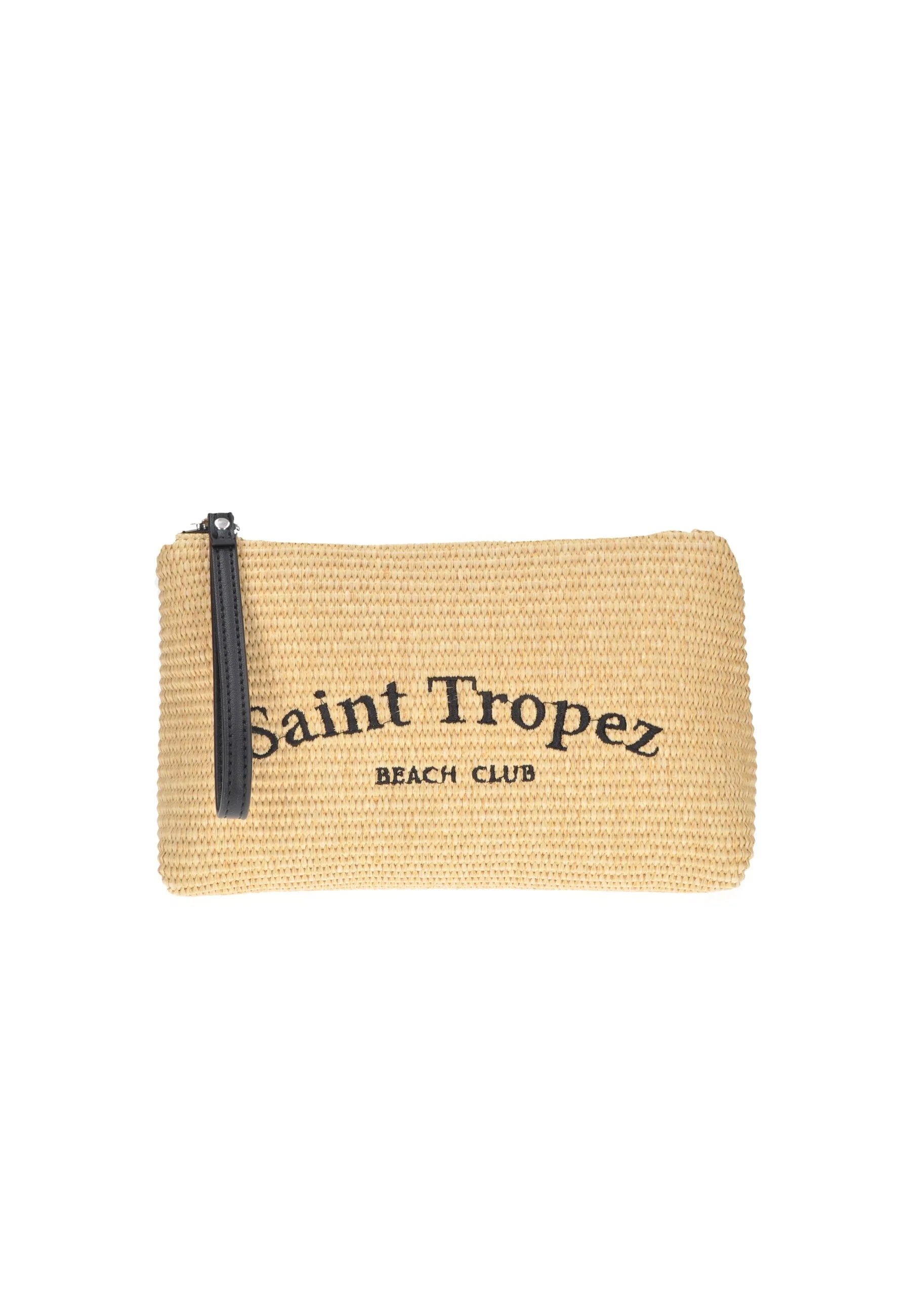 Pochette Kuve in paglia con scritta Saint Tropez Nero TU | Giò Fashion