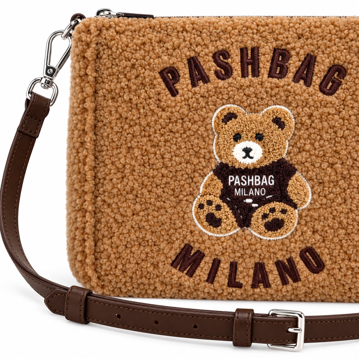 PashBag Borsa a Tracolla Effetto Peluche con Orsetto Ricamato
