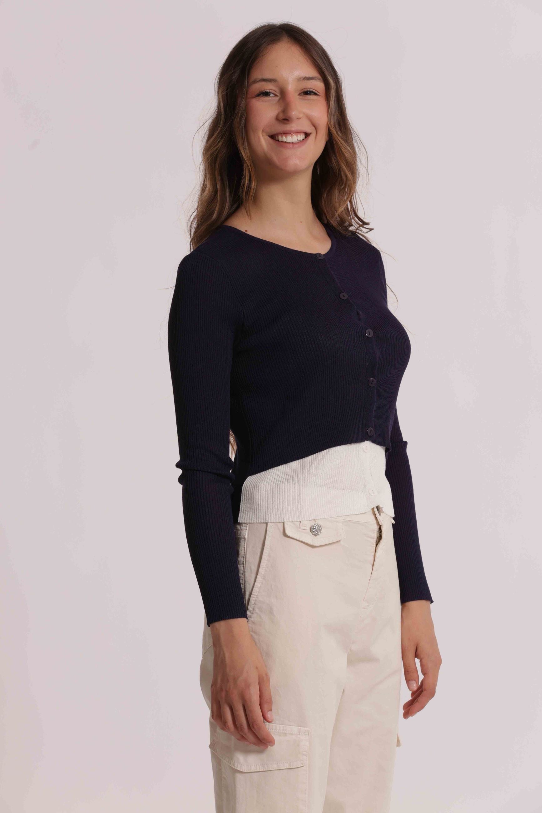 Mimi Mua cardigan donna corto in maglia a coste con bottoni BLU/BIANCO L | Giò Fashion