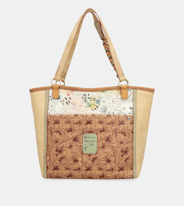 Borsa shopper Anekke con stampa natura e manici intrecciati