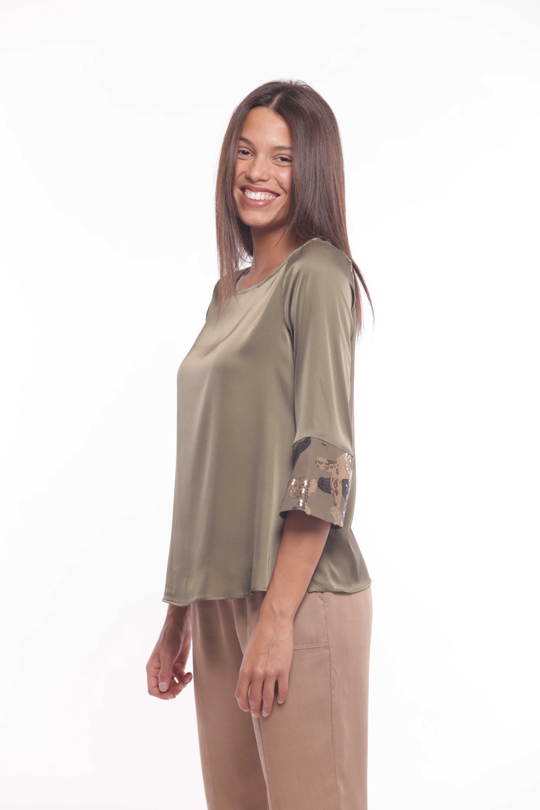 Minimua Blusa Effetto Seta Lucido con Paillettes Verde S | Giò Fashion