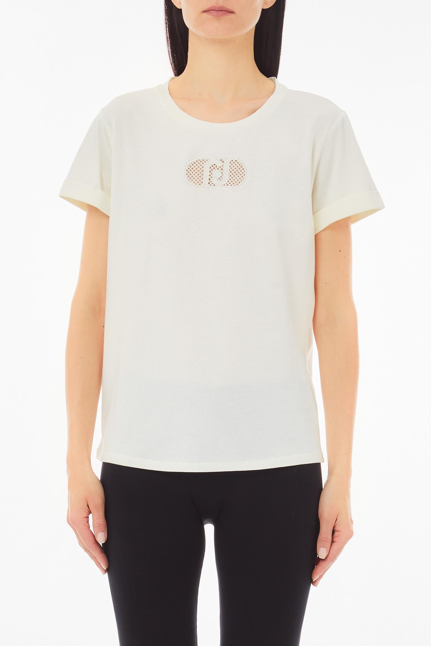 Liu Jo T-shirt con logo decorato e maniche risvoltabili Bianco S | Giò Fashion