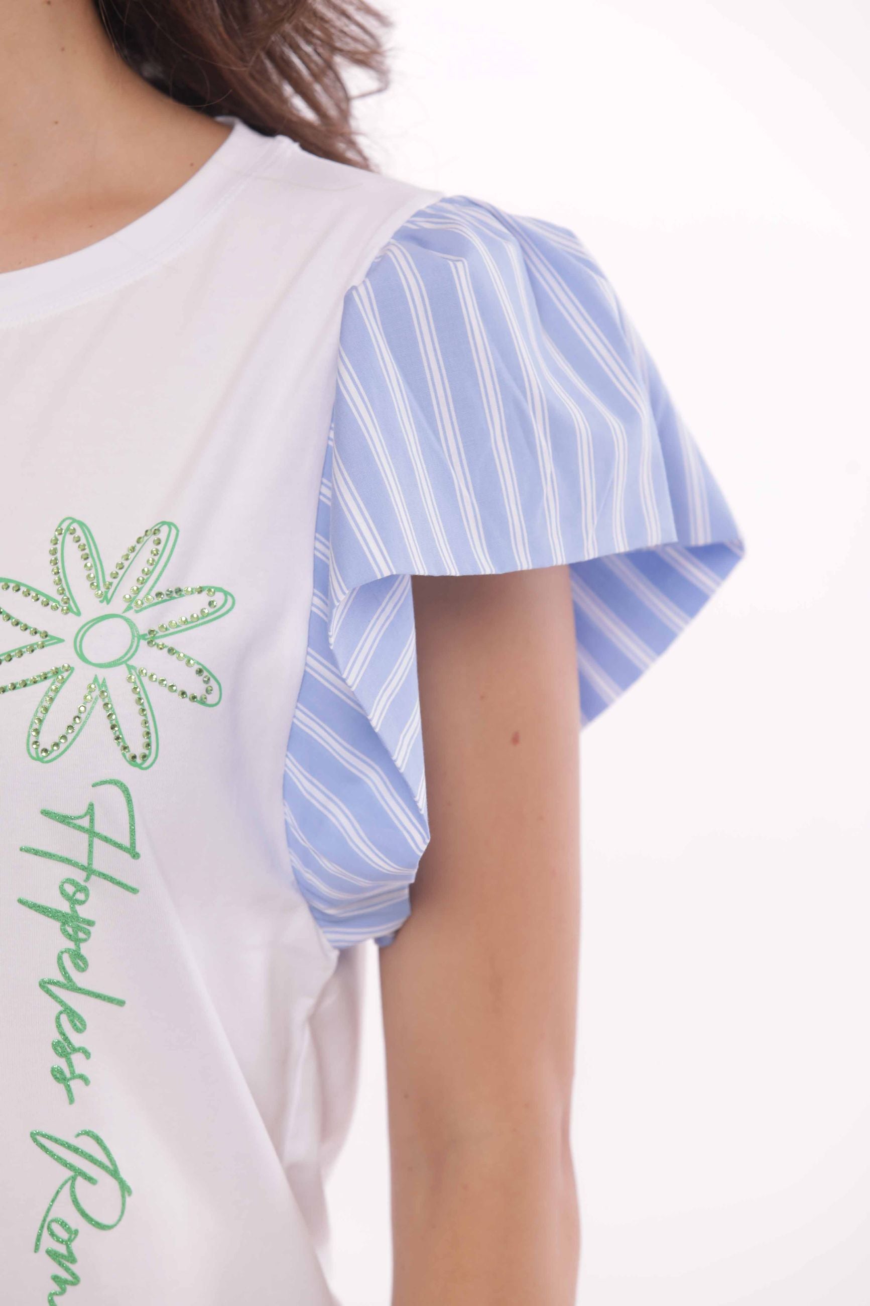 Minimua T-shirt con Maniche a Righe e Dettagli Floreali