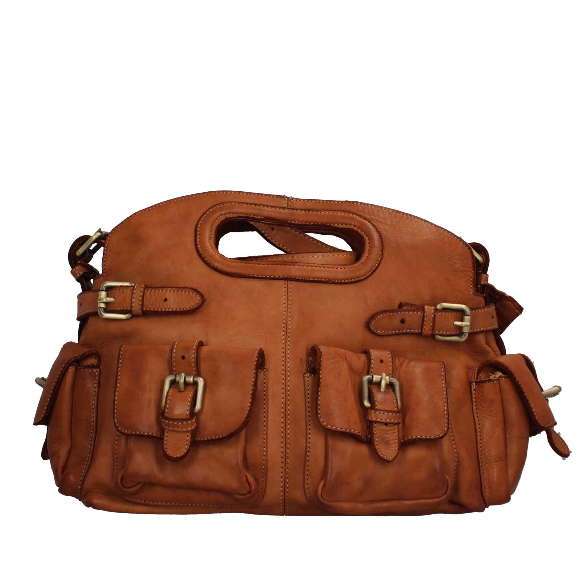 Borsa Made in Italy in pelle con tasche frontali e manico rigido