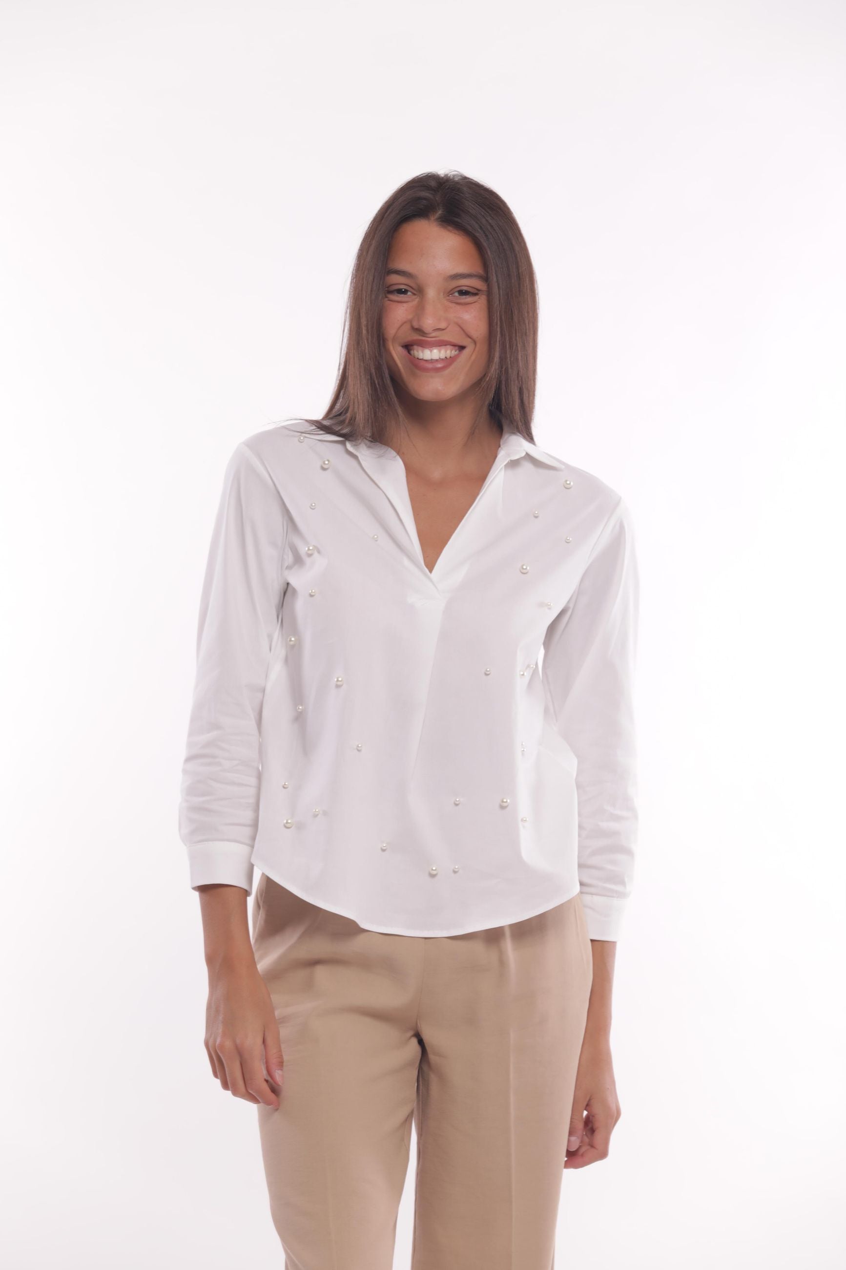 Minimua Camicia in Cotone con Perle Applicate Bianco S | Giò Fashion