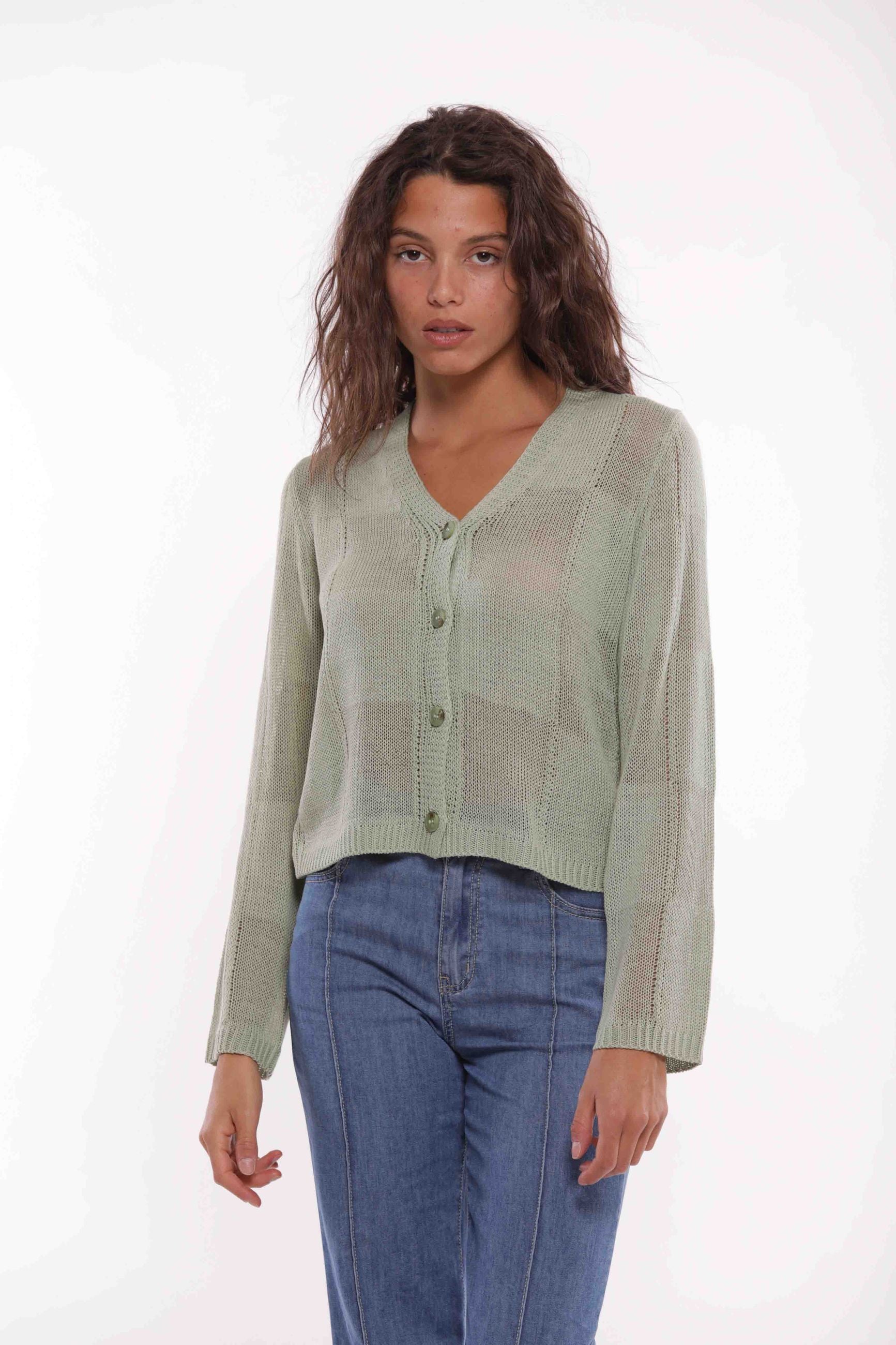 Cardigan Geometrico in Maglia Leggera Mimi Mua Verde S | Giò Fashion
