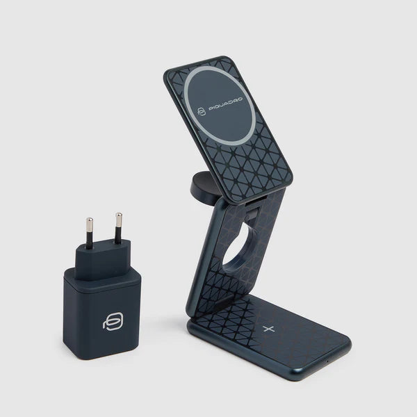 Caricatore wireless Piquadro 3 in 1 pieghevole con base foldable e adattatore 45W Grigio TU | Giò Fashion
