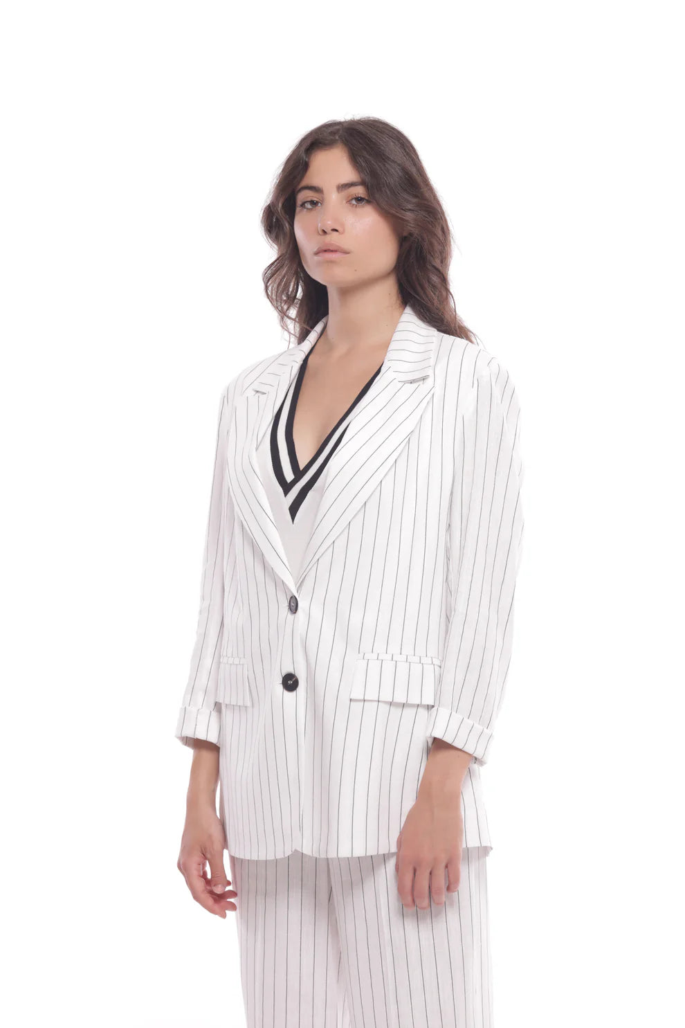 Blazer donna elegante a righe con revers e bottoni