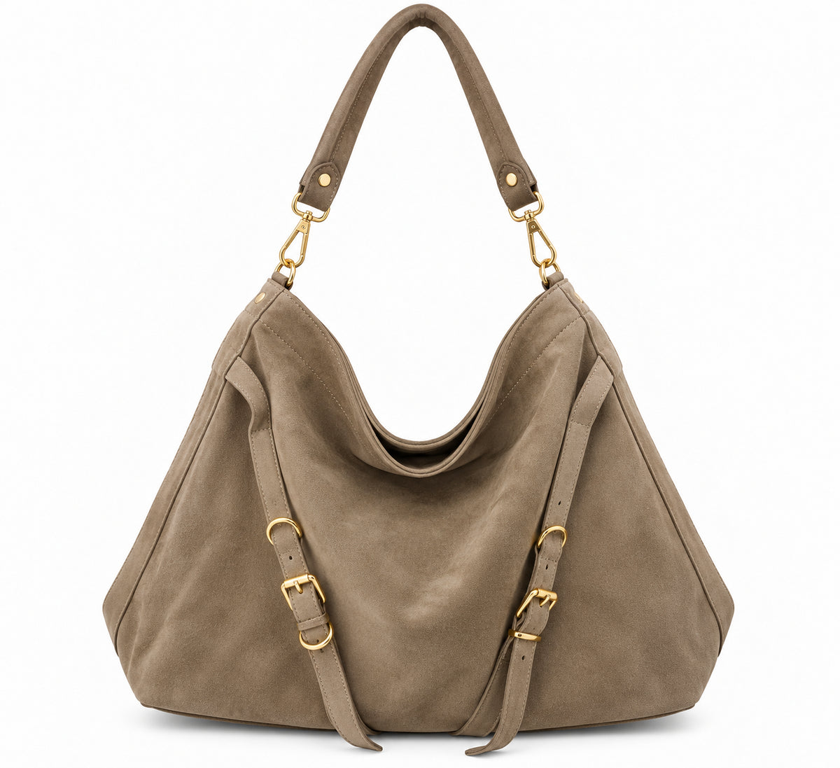 Borsa Donna a Spalla Maxi Hobo Morbida Effetto Scamosciato con Dettagli a Fibbie