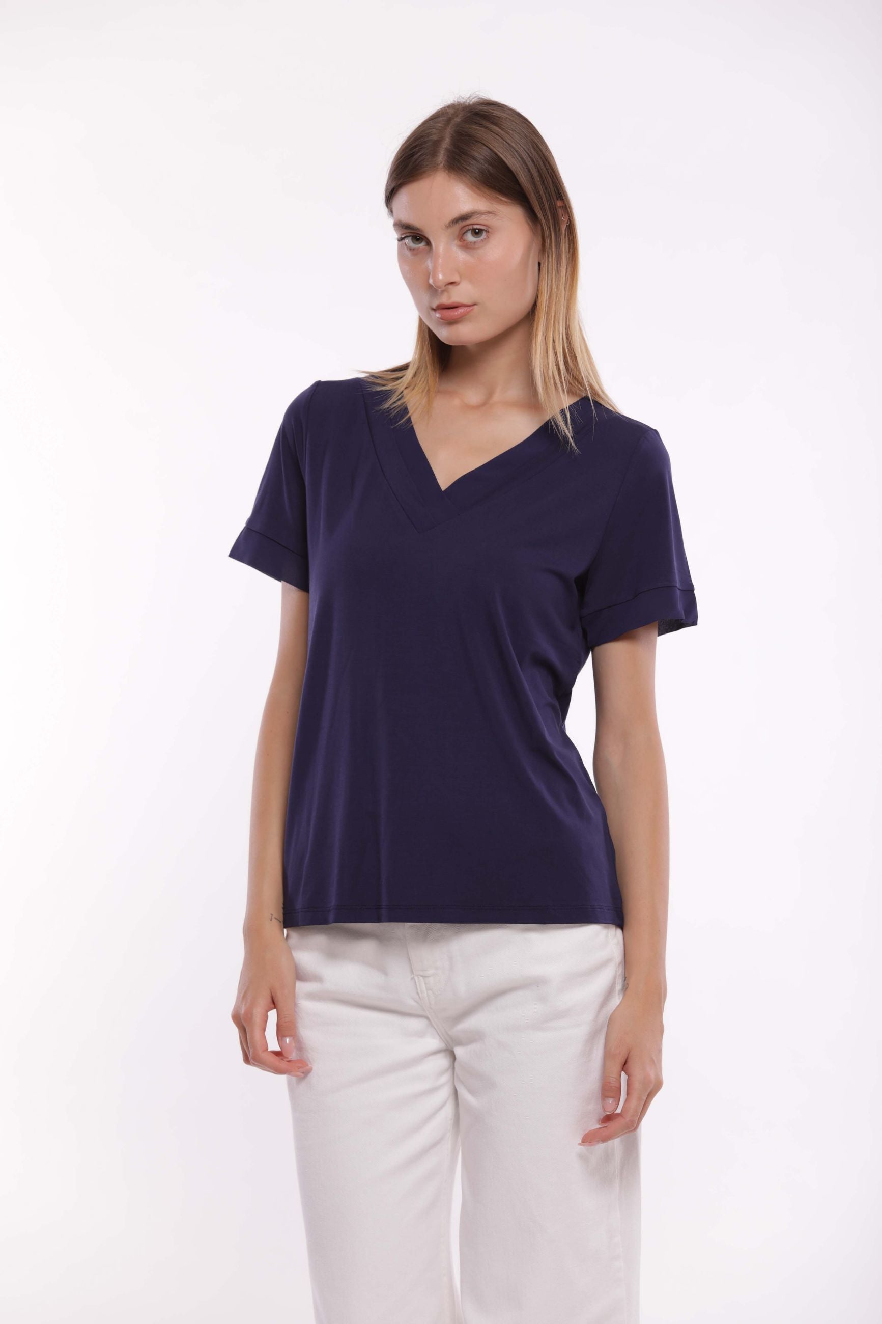 T-shirt Mimi Mua scollo a V con dettagli in georgette