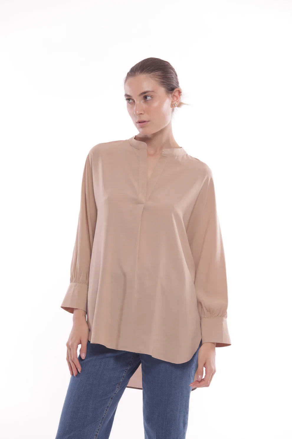 Camicia oversize con collo alla coreana Mimi Mua Beige S | Giò Fashion