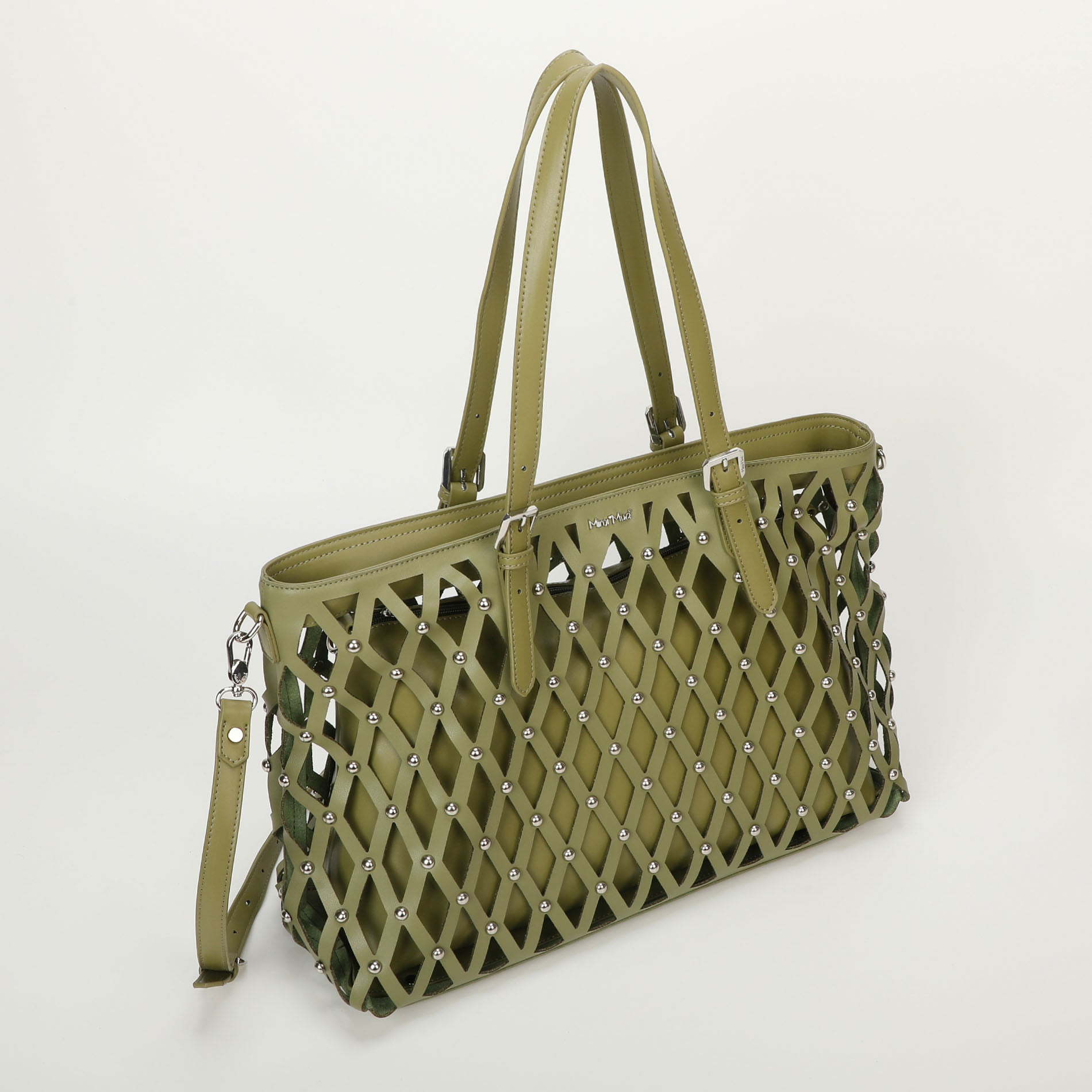 Mimi Mua borsa shopping effetto rete con borchie