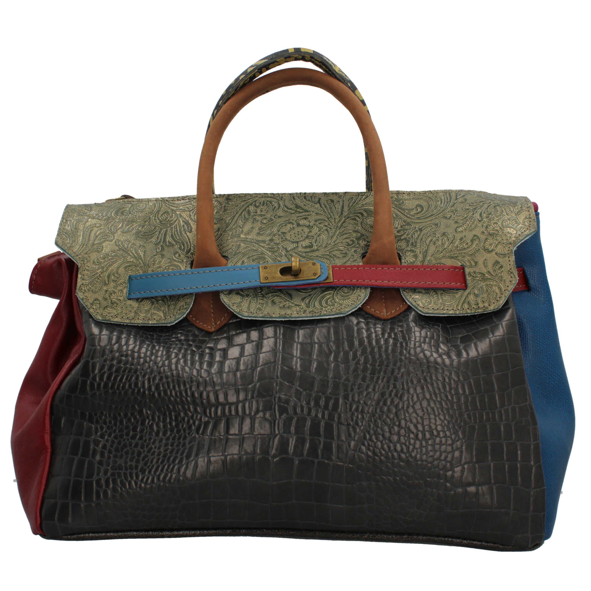 Borsa a mano Made in Italy con patta effetto metallizzato e stampa artistica