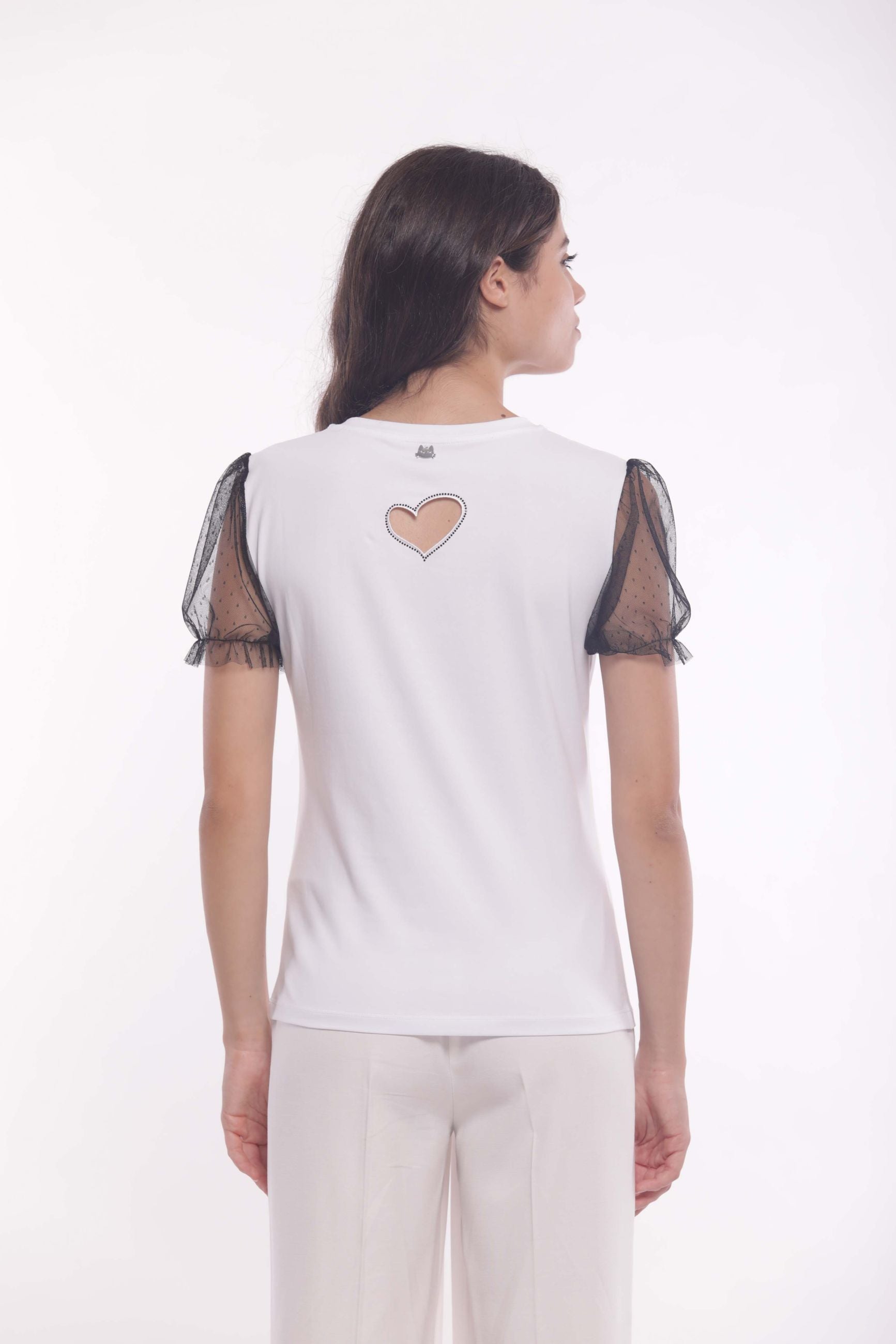 Minimua T-shirt con Taschino Strass e Maniche in Tulle