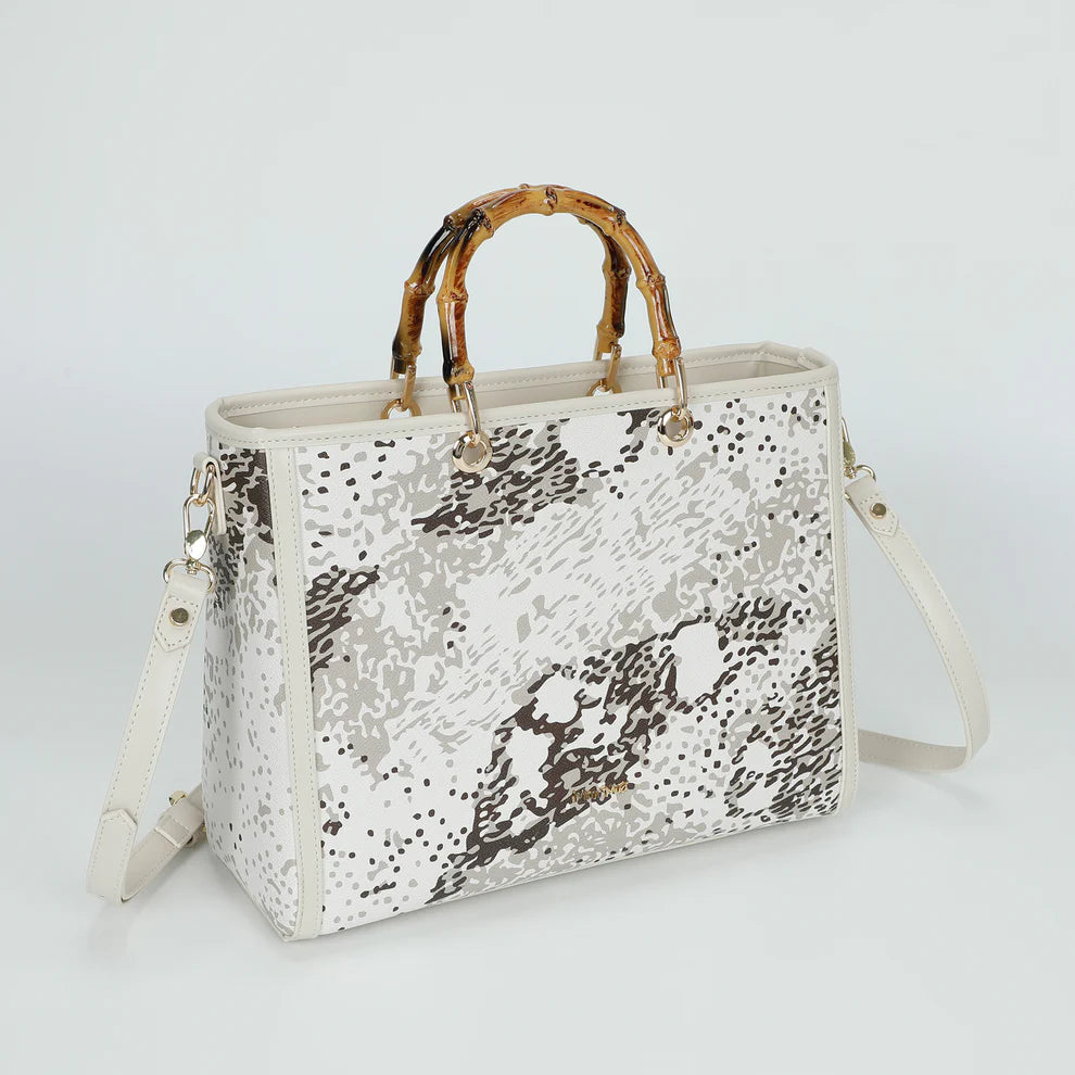 Borsa a mano Mimi Mua con stampa astratta e manici bamboo Beige TU | Giò Fashion