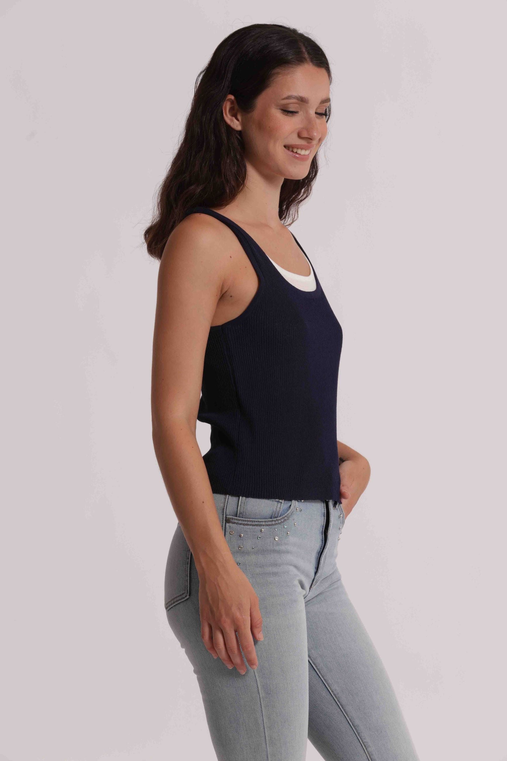 Mimi Mua cardigan donna corto in maglia a coste con bottoni BLU/BIANCO S | Giò Fashion