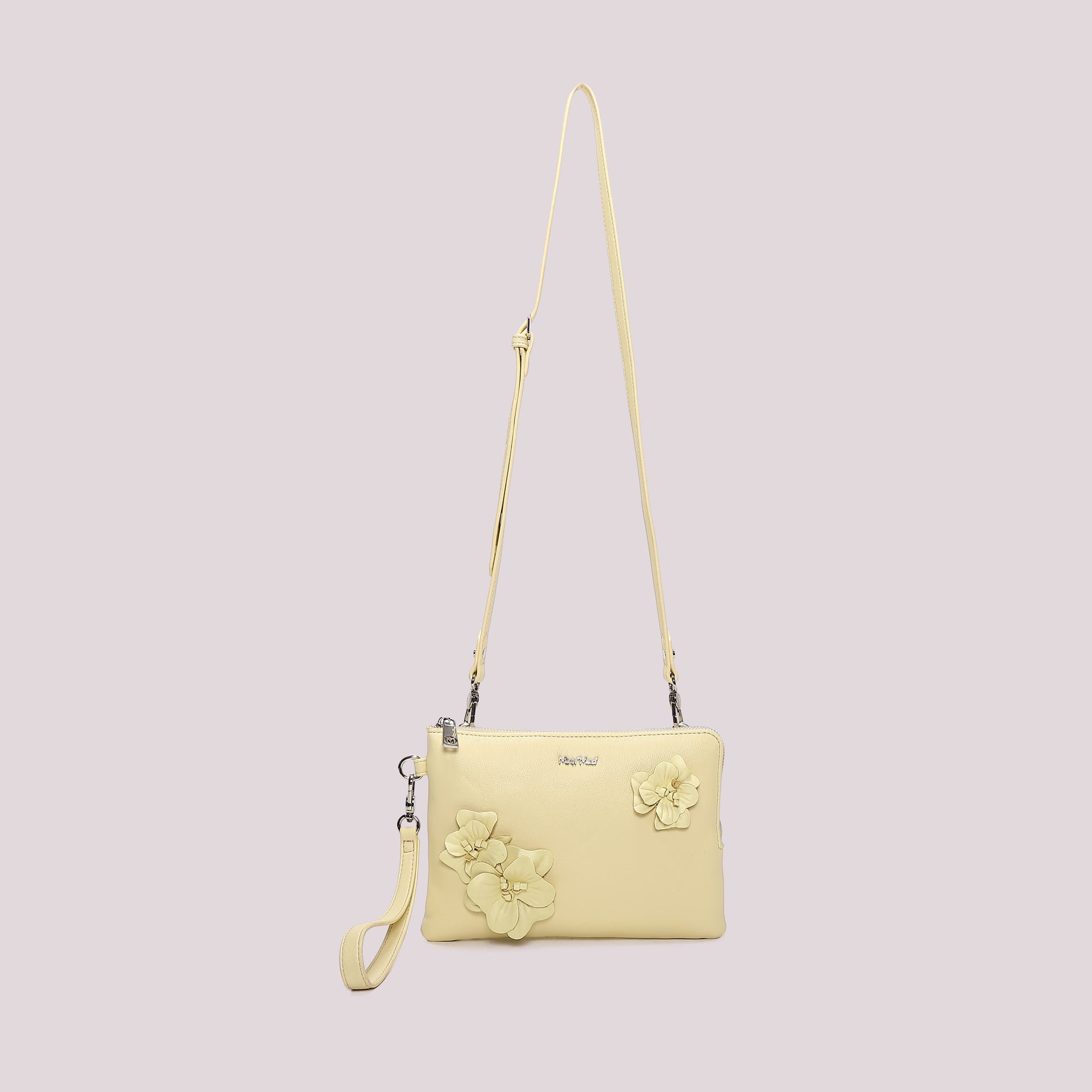 Mimi Mua borsa a tracolla compatta con applicazioni floreali e polsiera GIALLO CHIARO TU | Giò Fashion