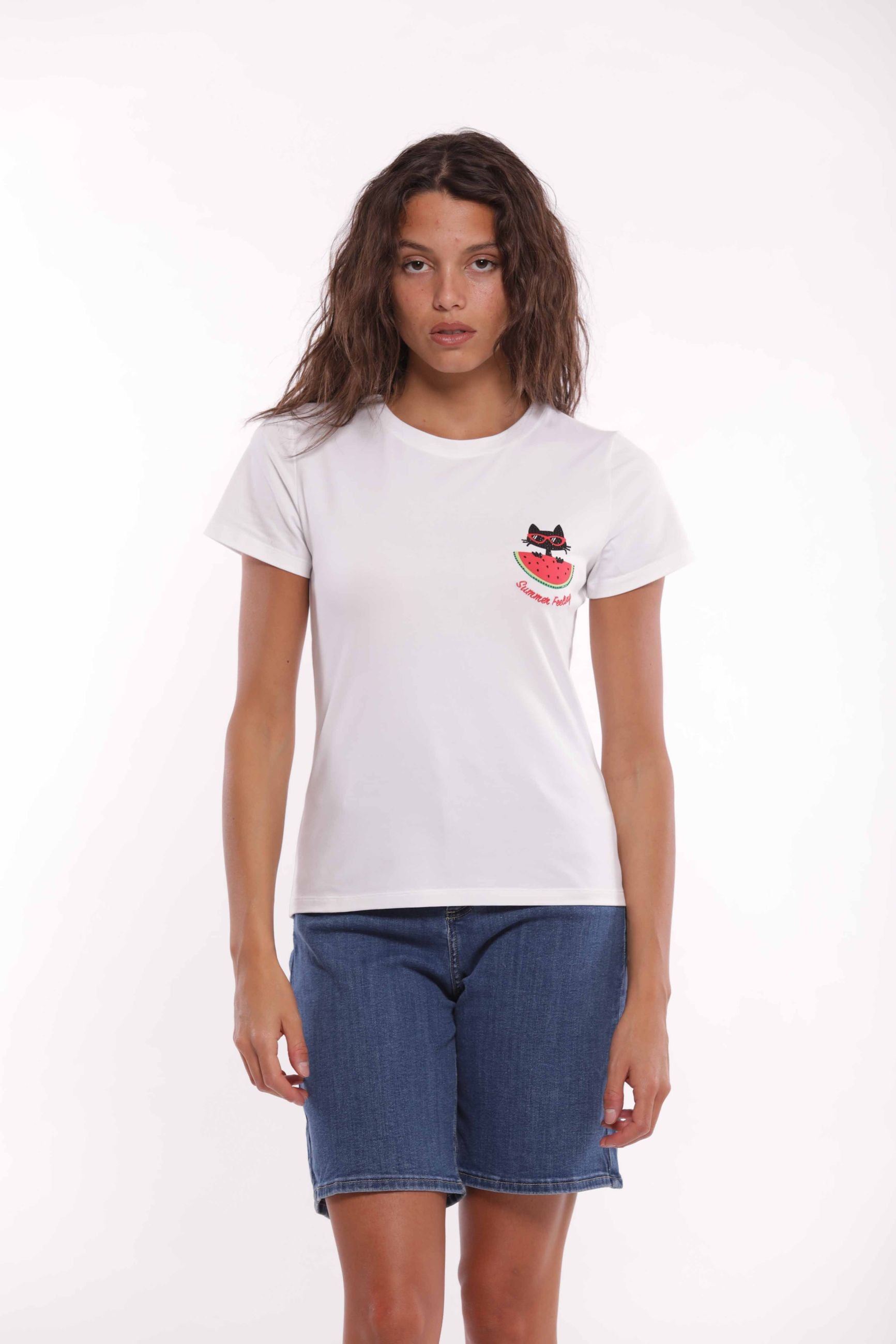 Minimua T-shirt con Ricamo Anguria e Gatto