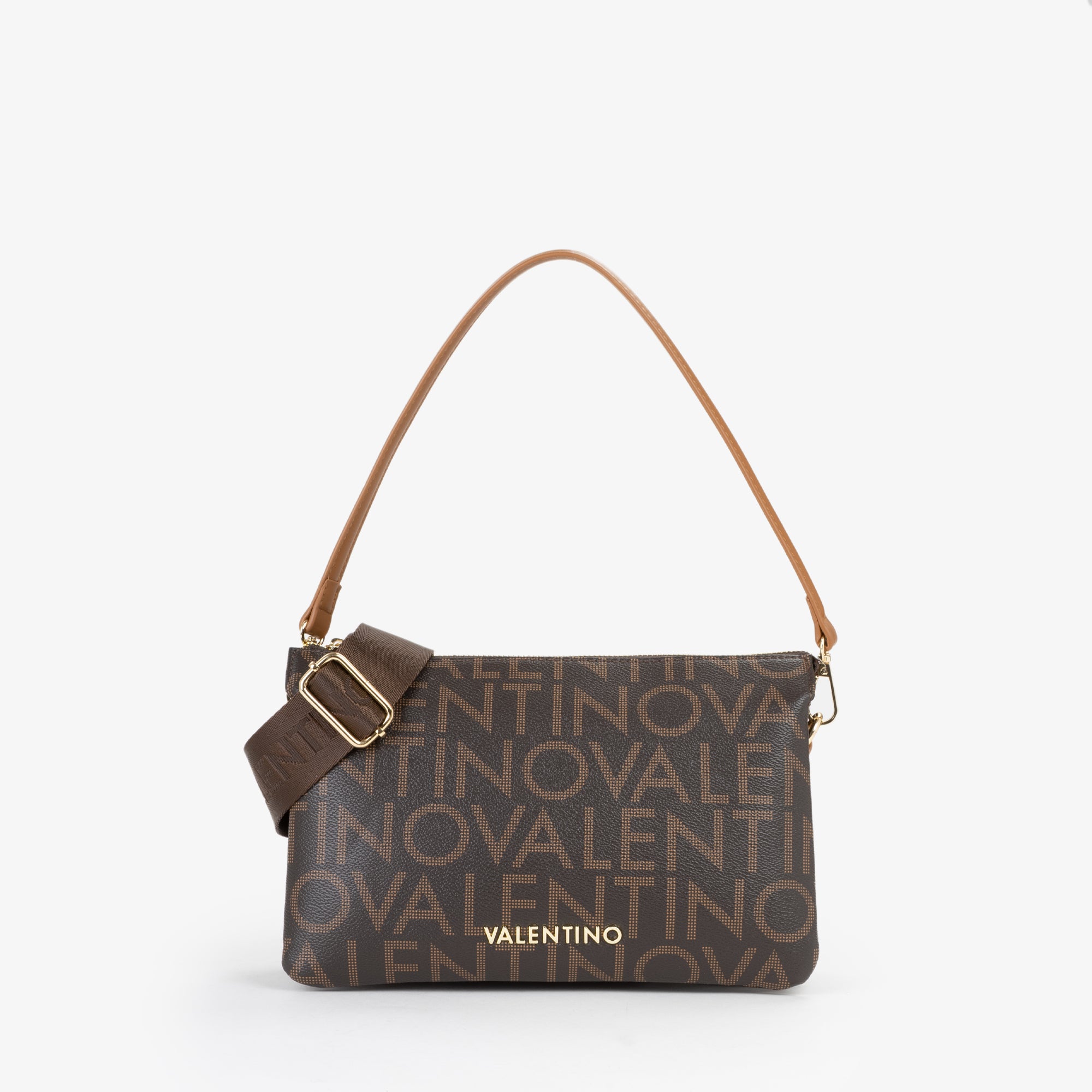Borsa a spalla donna Mario Valentino con stampa logo integrale e tracolla ampia regolabile Marrone TU | Giò Fashion