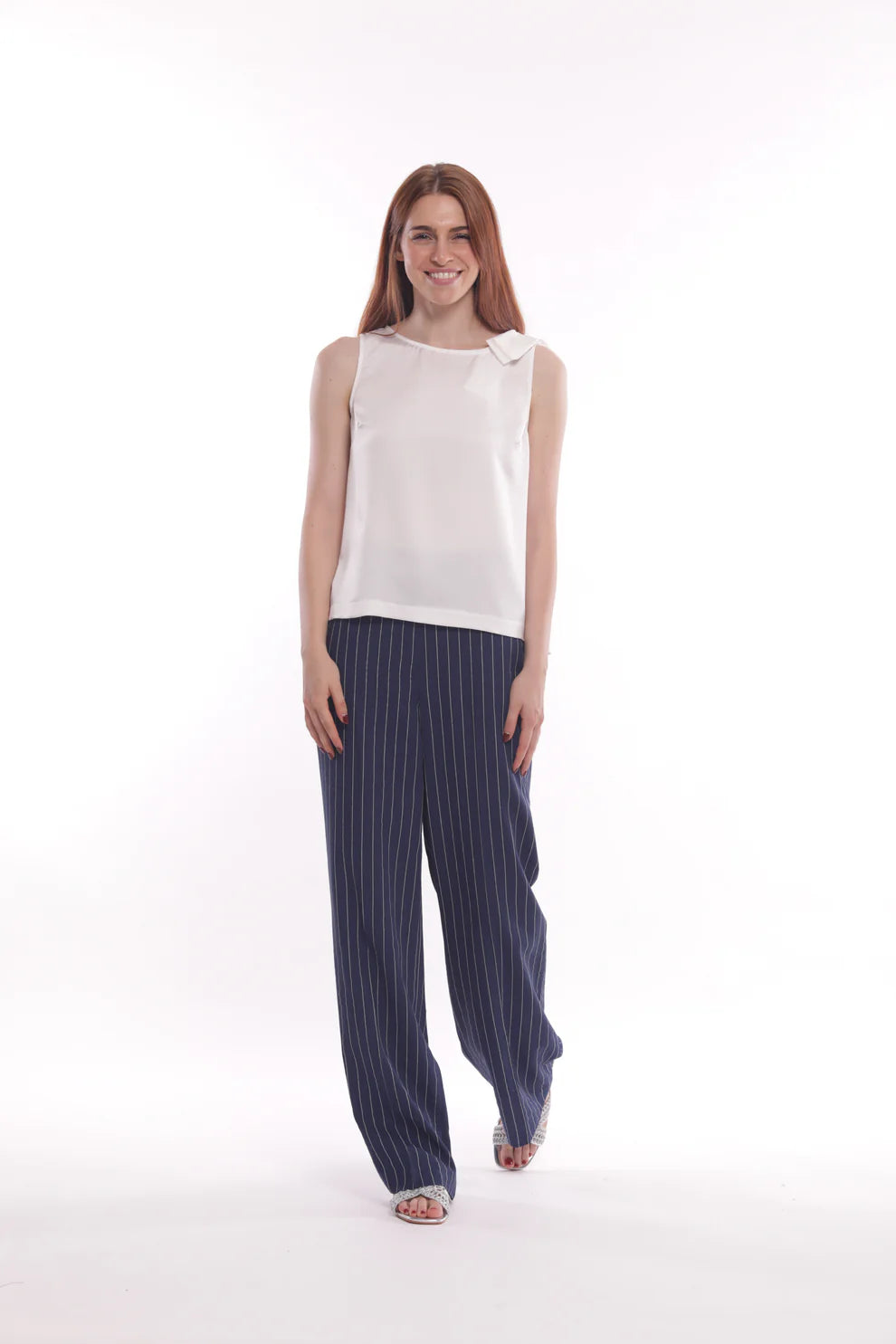Pantaloni donna a palazzo con fantasia rigata Blu S | Giò Fashion