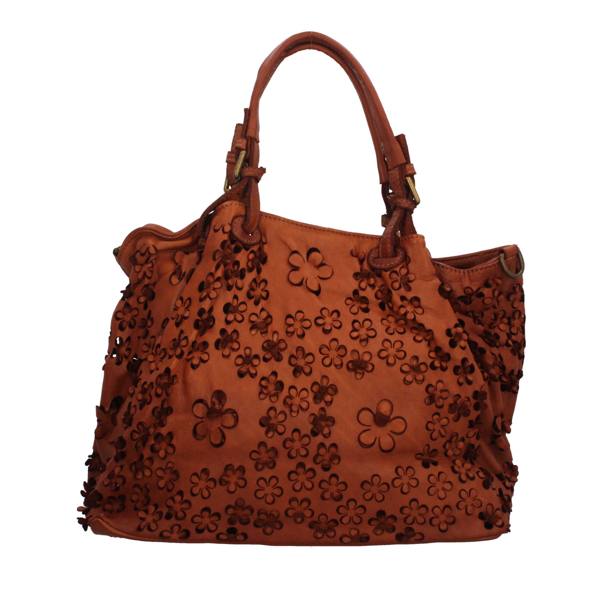 Borsa elegante traforata con motivo floreale e manici intrecciati