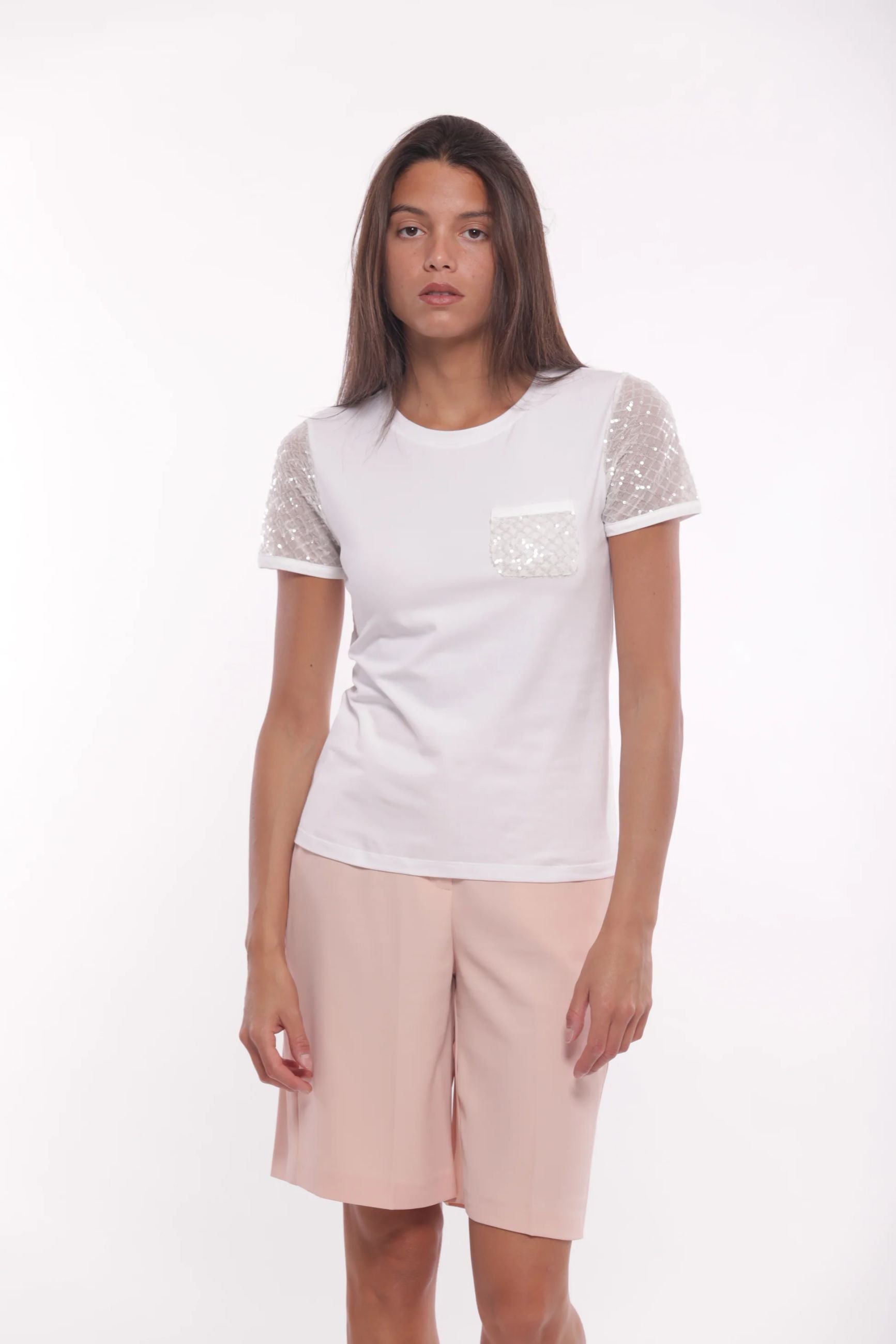 T-shirt Mimìmuà con maniche in paillettes e taschino Bianco S | Giò Fashion
