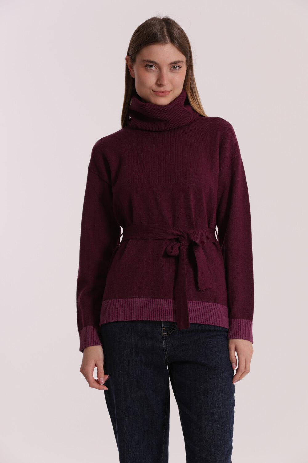Maglione Mimi Mua a collo alto con cintura in vita BORDEAUX XL | Giò Fashion