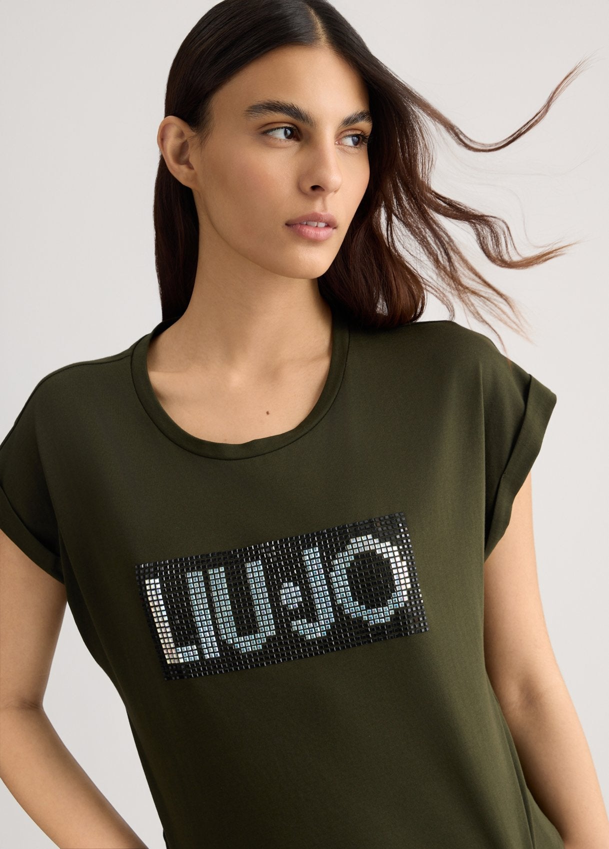 Liu Jo T-shirt in Cotone con Logo e Strass Verde M | Giò Fashion