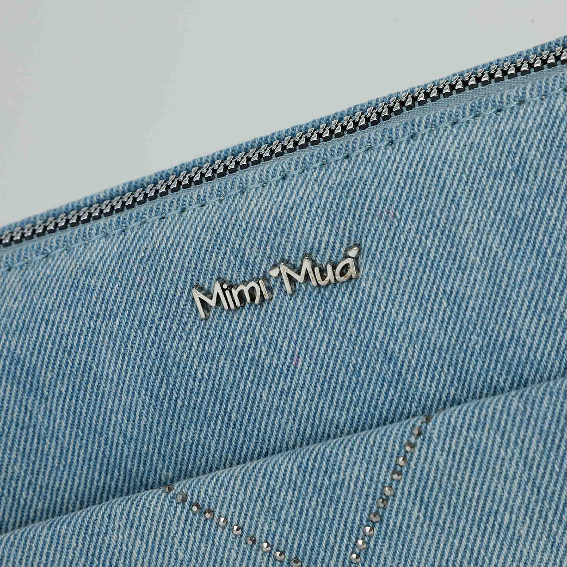 Mimi Mua borsa a busta in jeans con strass