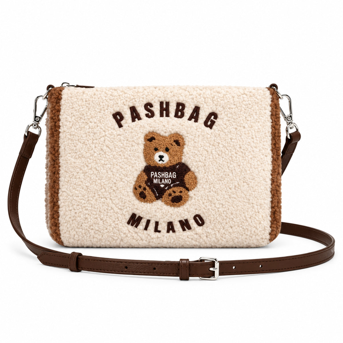 PashBag Borsa a Tracolla Effetto Peluche con Orsetto Ricamato