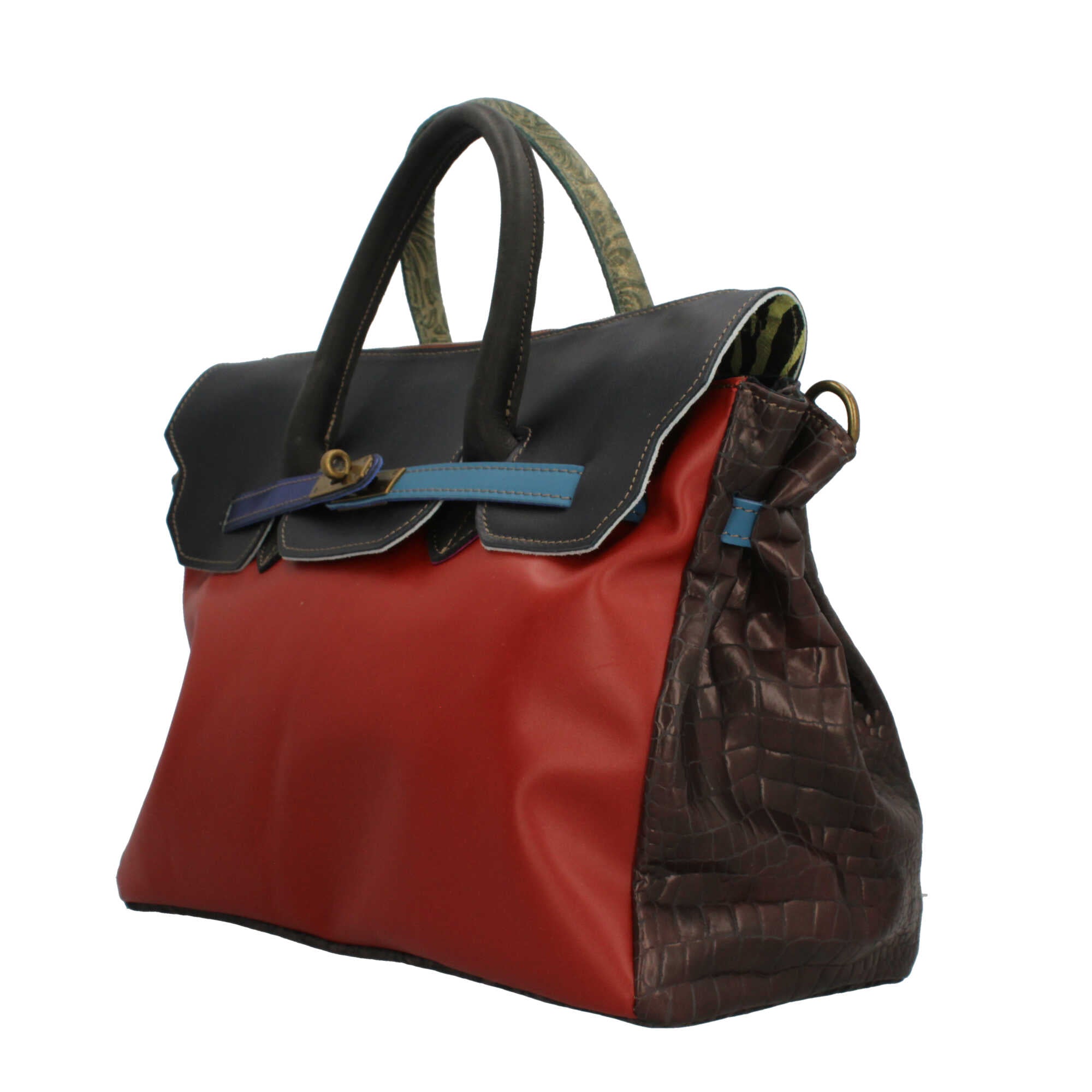 Borsa a mano Made in Italy con patta effetto metallizzato e stampa artistica