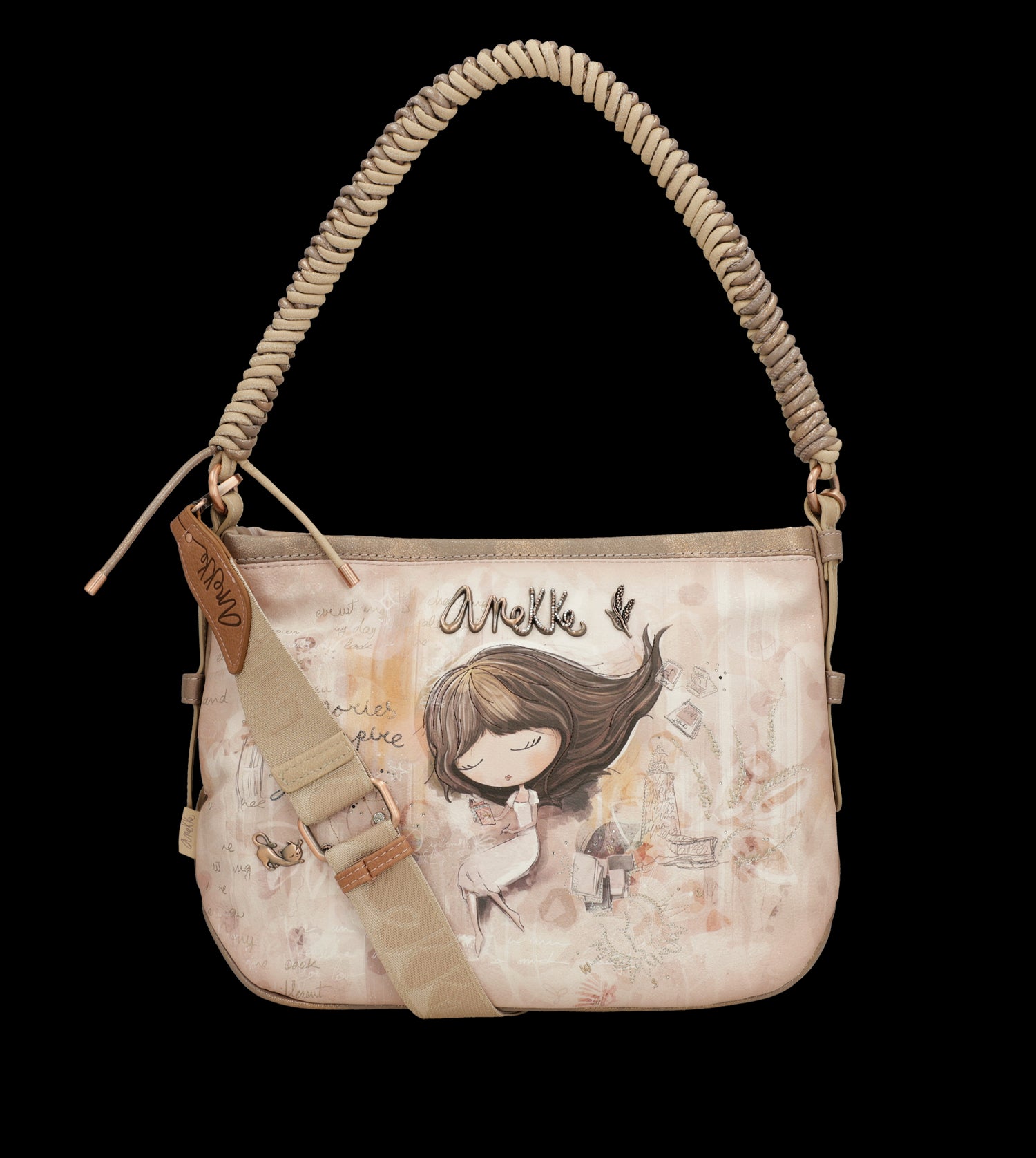 Borsa a spalla Anekke con tracolla intrecciata e design artistico
