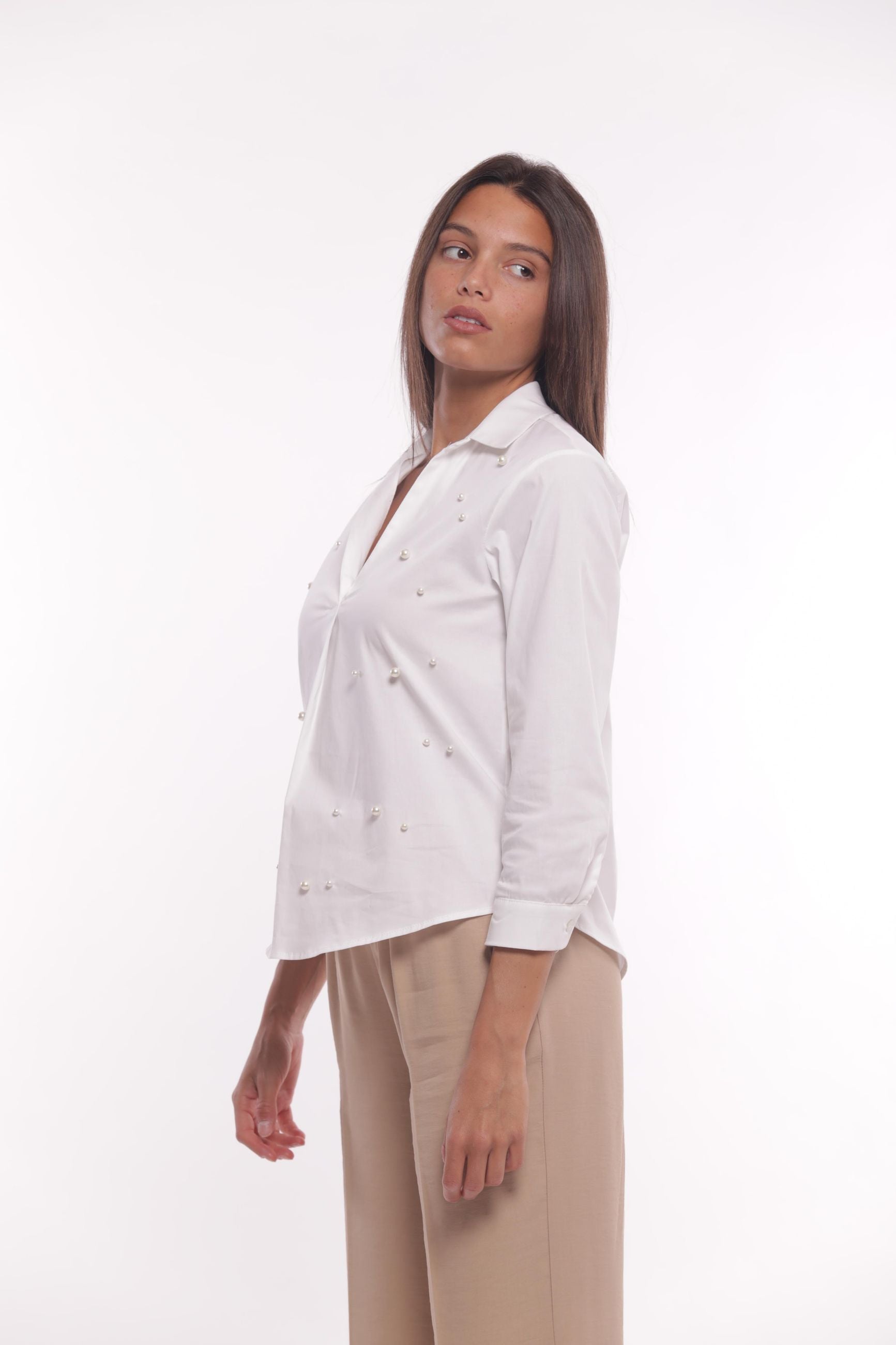 Minimua Camicia in Cotone con Perle Applicate Bianco S | Giò Fashion