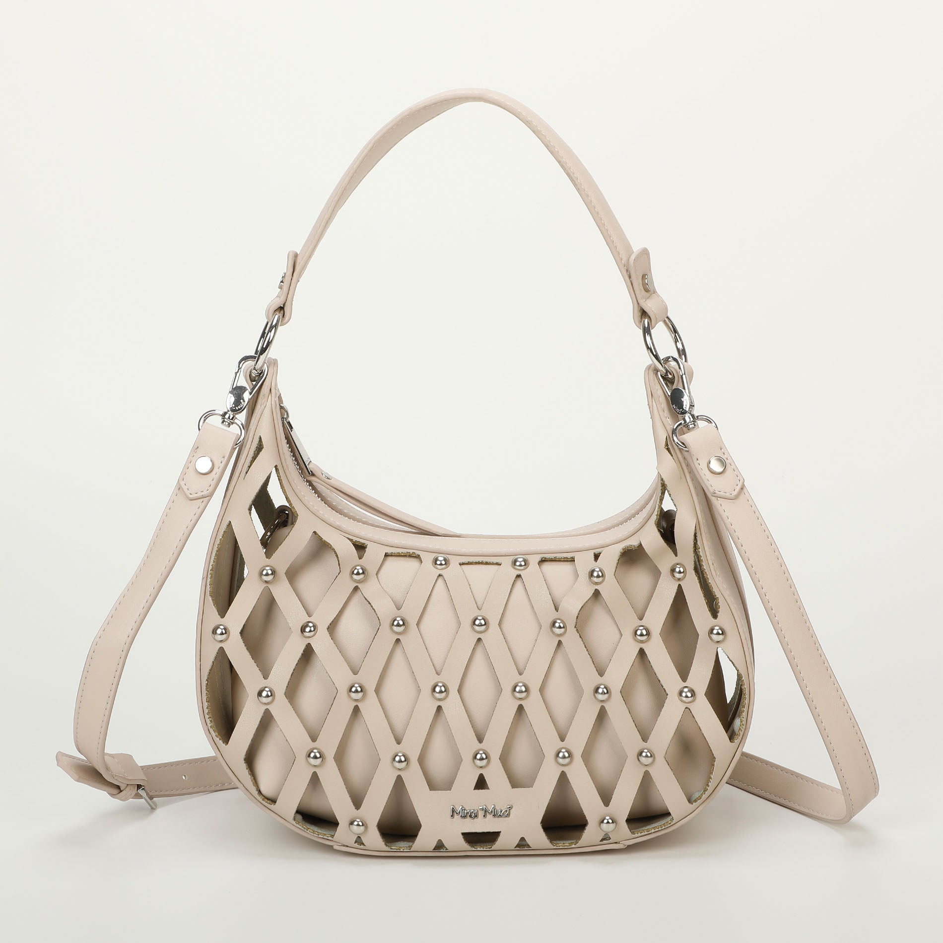Mimi Mua borsa a spalla effetto rete con borchie Beige TU | Giò Fashion
