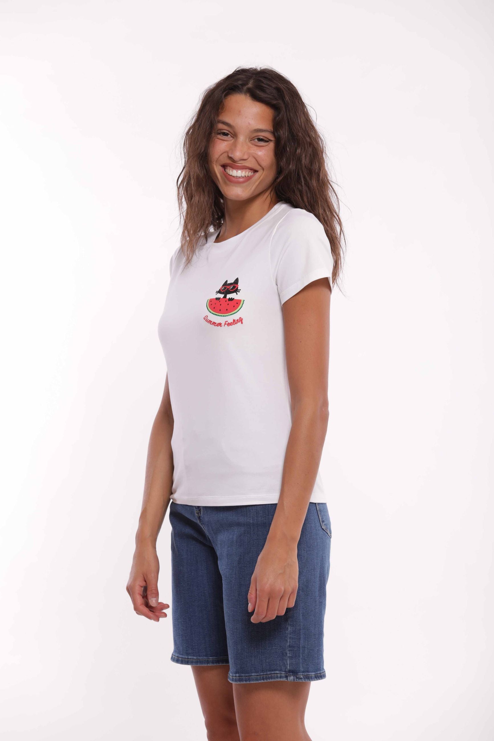 Minimua T-shirt con Ricamo Anguria e Gatto Bianco S | Giò Fashion