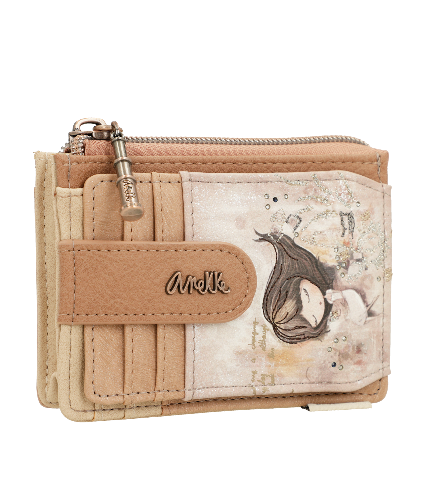 Portafoglio Anekke compatto con chiusura a bottone e zip Beige TU | Giò Fashion