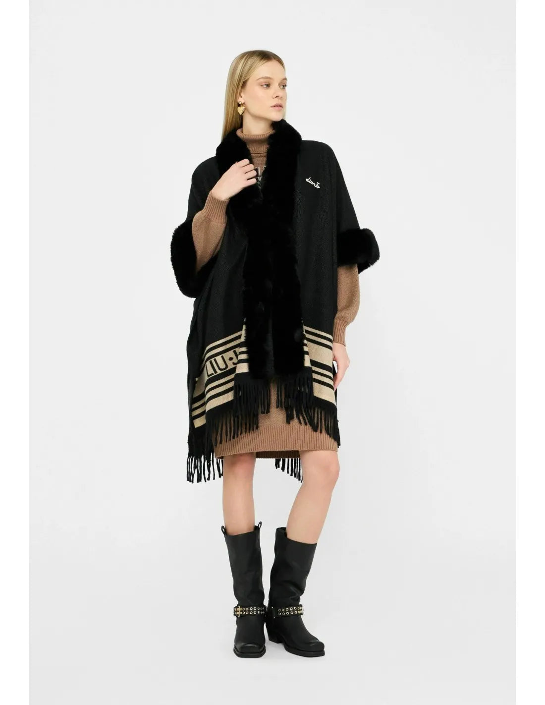 Poncho Liu Jo a righe con frange Nero TU | Giò Fashion