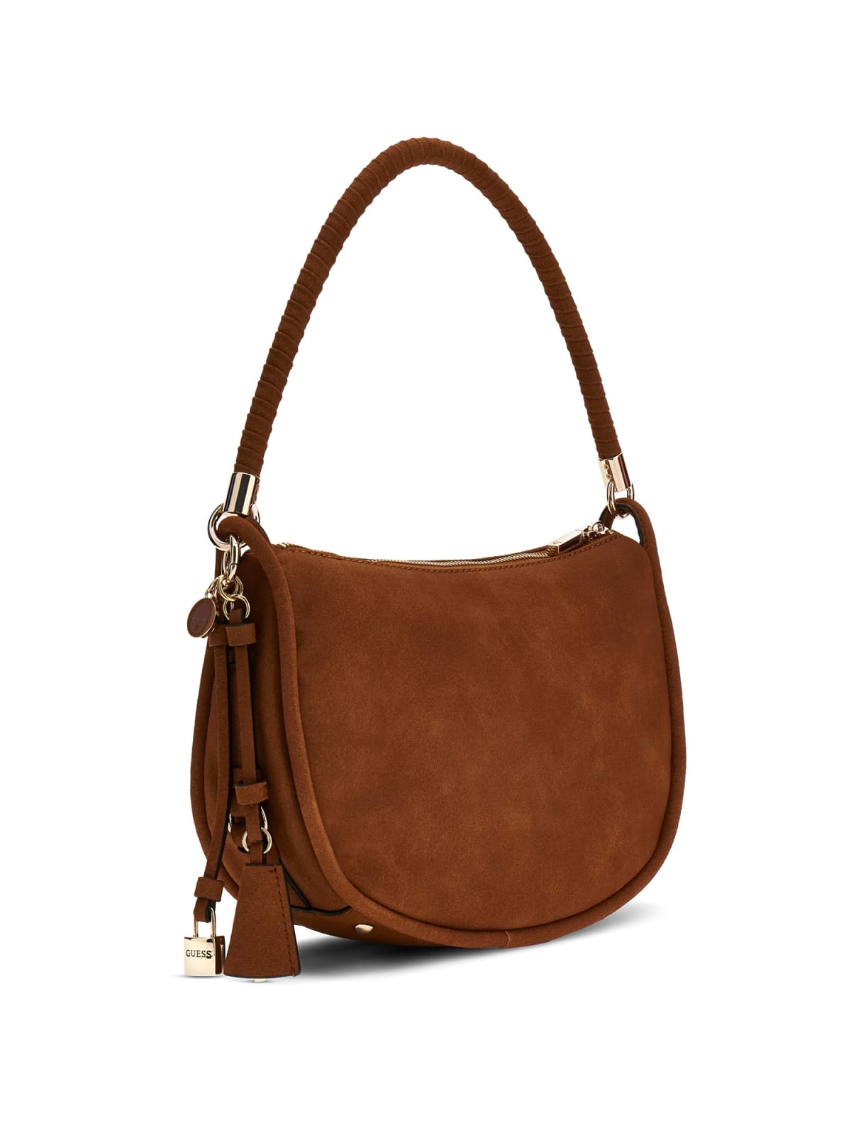 Borsa a spalla Guess donna effetto suede con logo e charm COGNAC TU | Giò Fashion