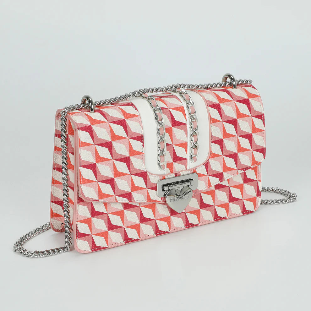 Borsa a tracolla Mimi Mua con catena e fantasia geometrica