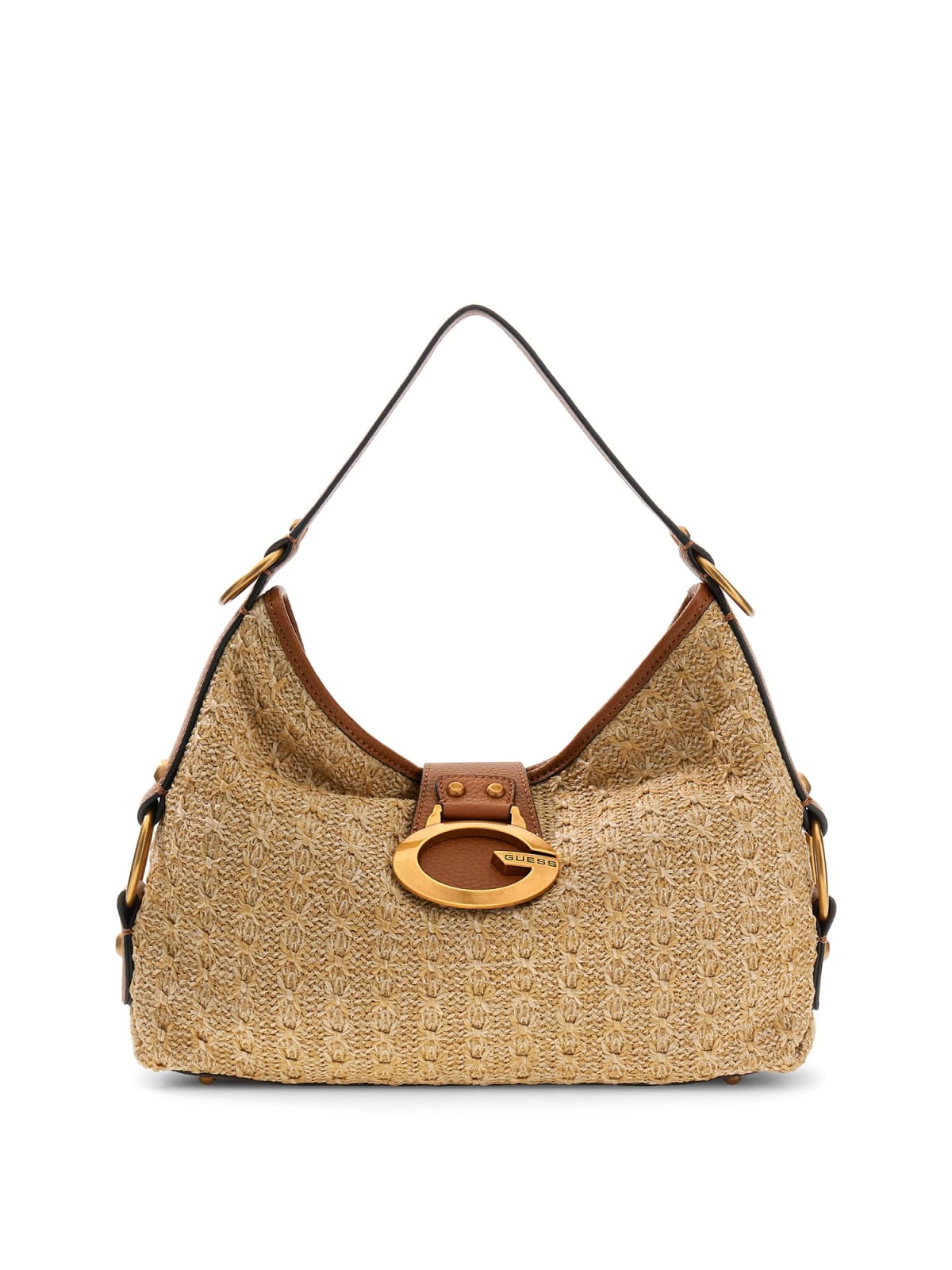 Borsa a spalla Guess donna in rafia con dettaglio logo frontale NATURALE/COGNAC TU | Giò Fashion