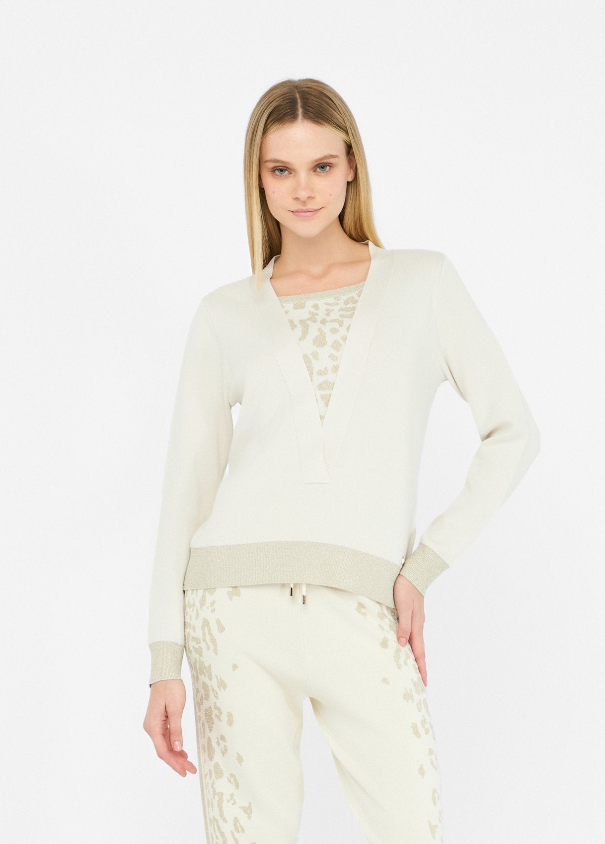 Liu Jo maglione con scollo a V e inserto animalier Bianco L | Giò Fashion