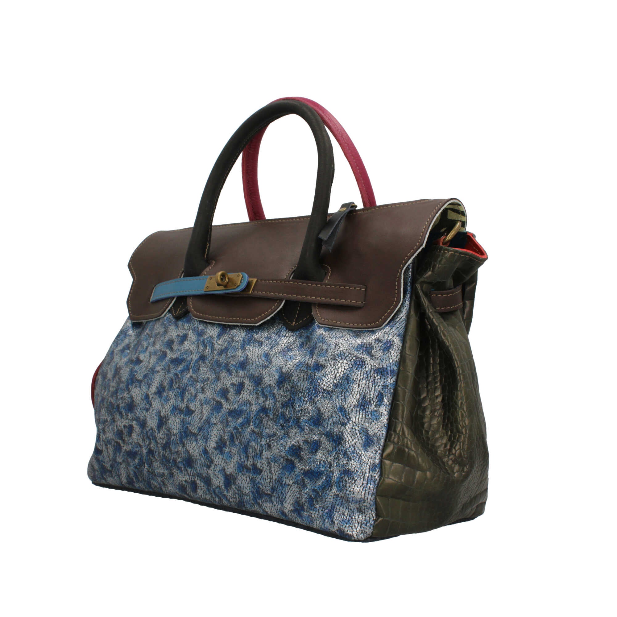 Borsa a mano Made in Italy con patta effetto metallizzato e stampa artistica