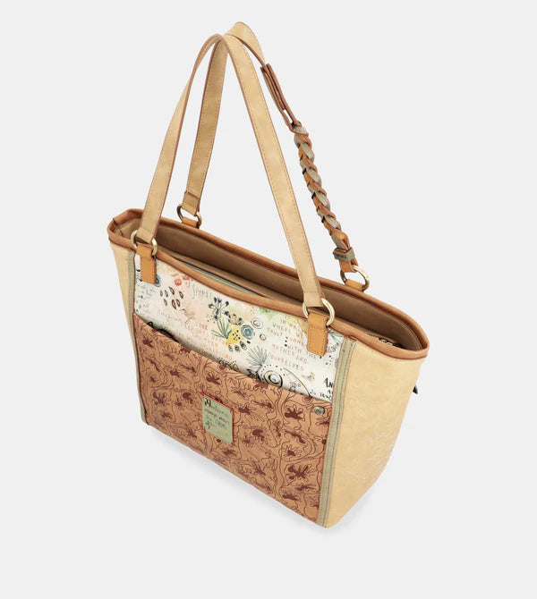Borsa shopper Anekke con stampa natura e manici intrecciati