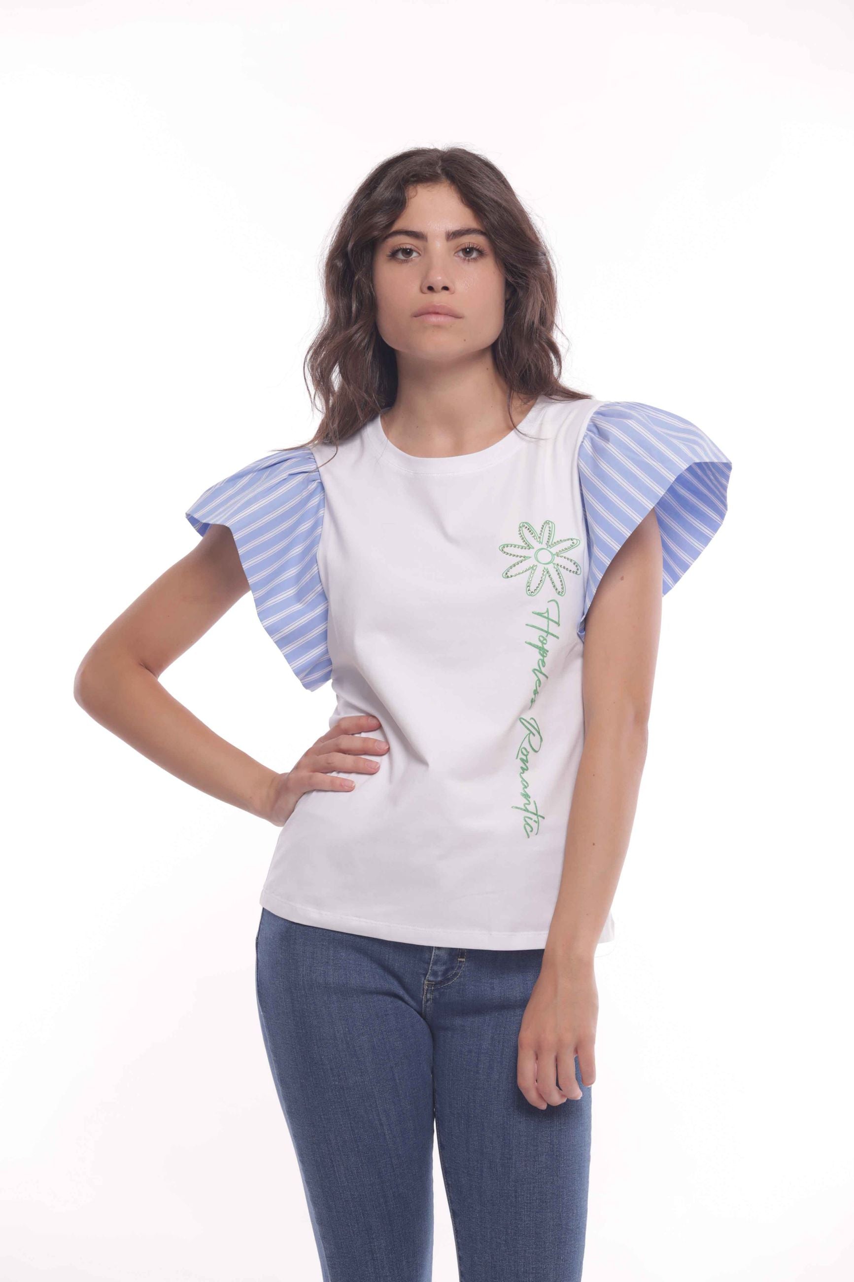 Minimua T-shirt con Maniche a Righe e Dettagli Floreali Bianco S | Giò Fashion