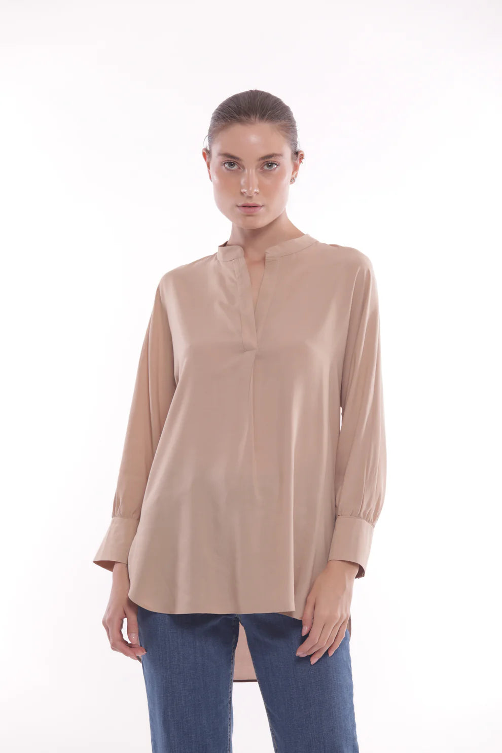 Camicia oversize con collo alla coreana Mimi Mua Beige S | Giò Fashion