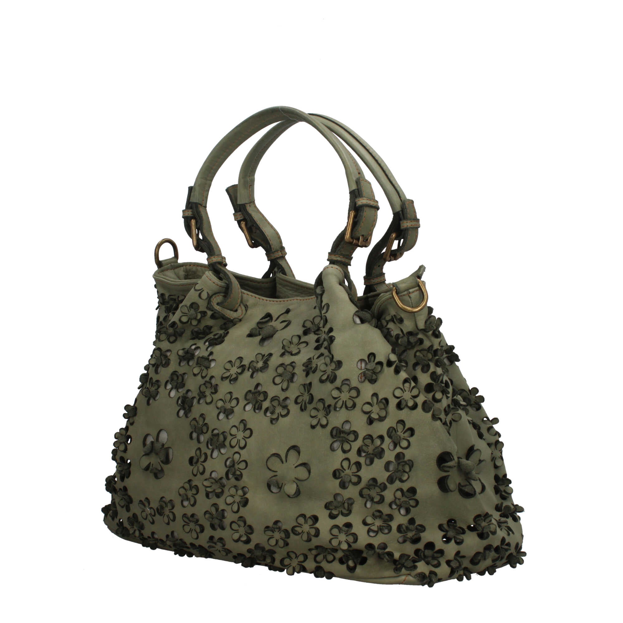 Borsa elegante traforata con motivo floreale e manici intrecciati
